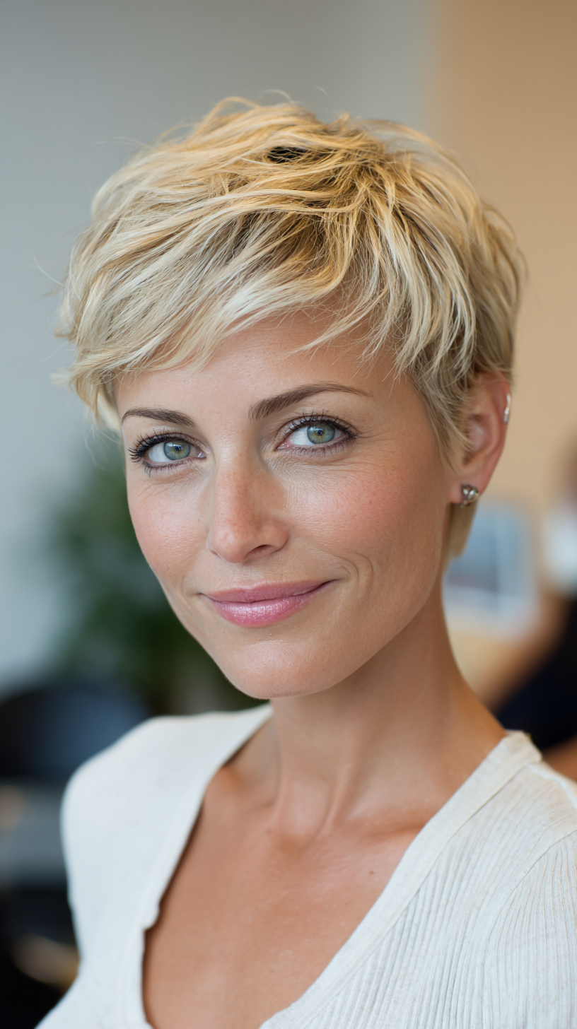 Warm blonde textured pixie with piecy layers