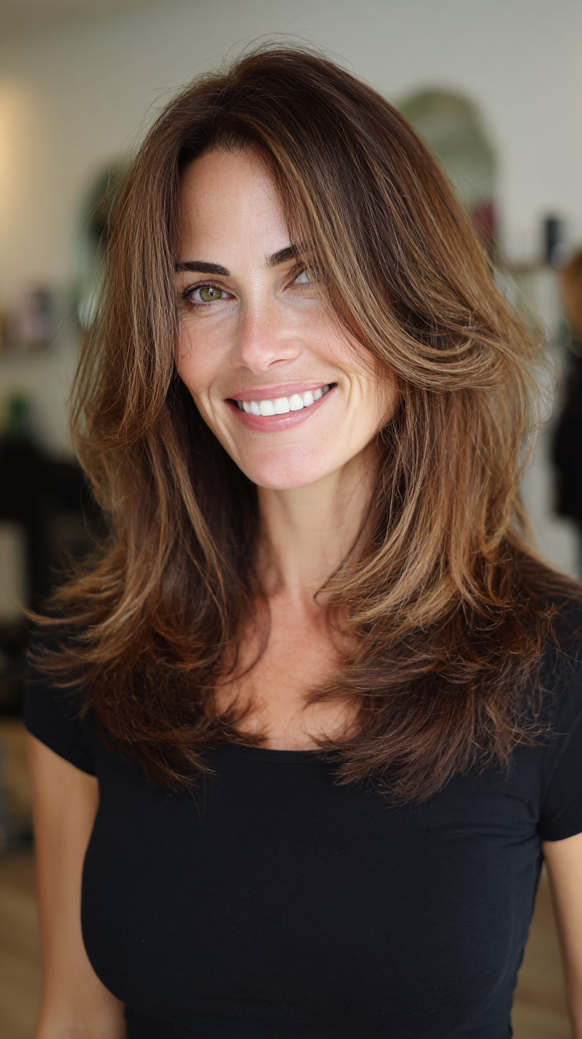 Warm brunette layered cut with face-framing pieces