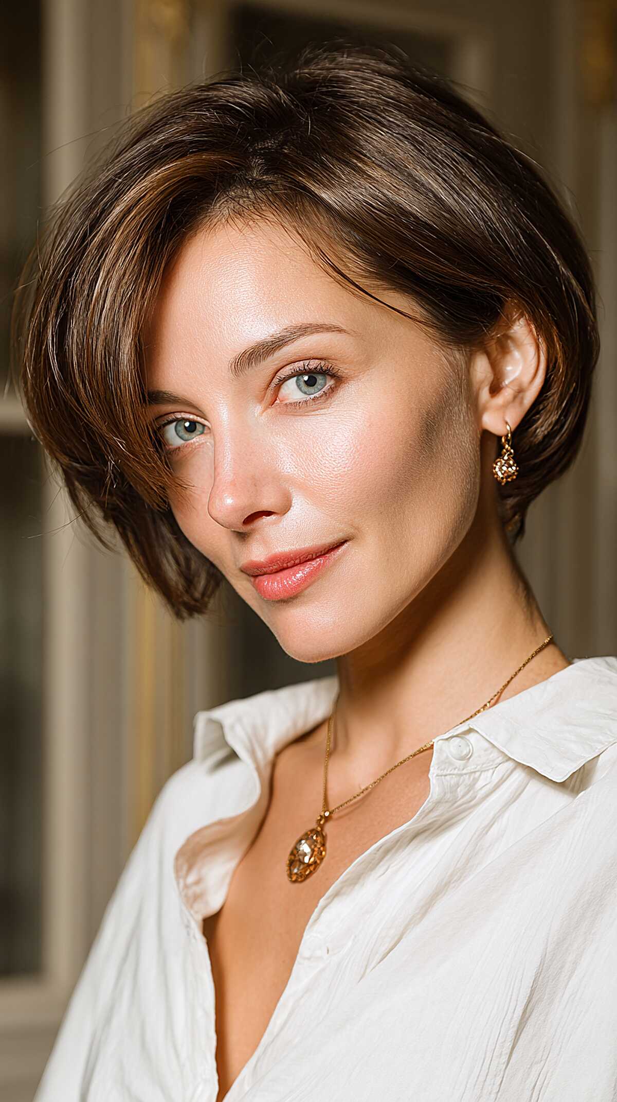 Warm brunette side-swept short bob with soft layers