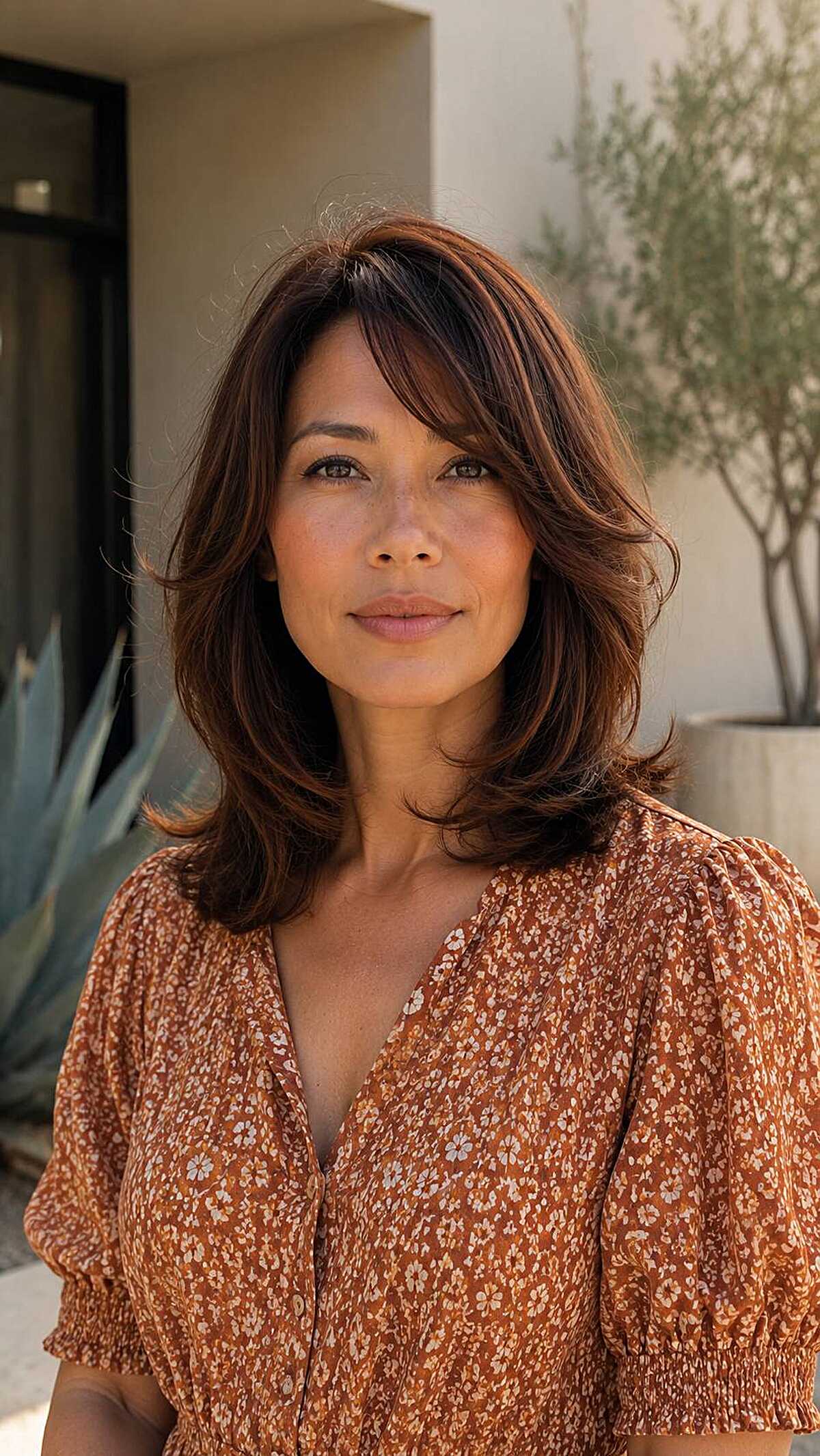 Chestnut brown cloud cut with flipped ends and side part