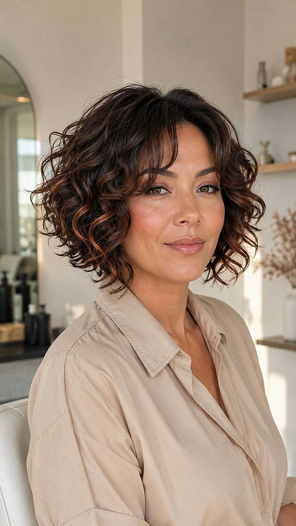 Dark curly inverted bob with subtle copper ends