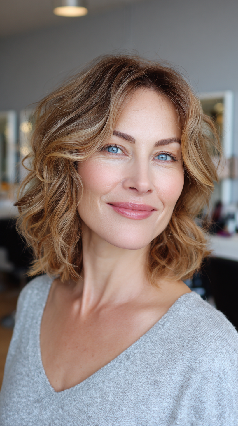 Warm honey blonde bob with soft tousled waves