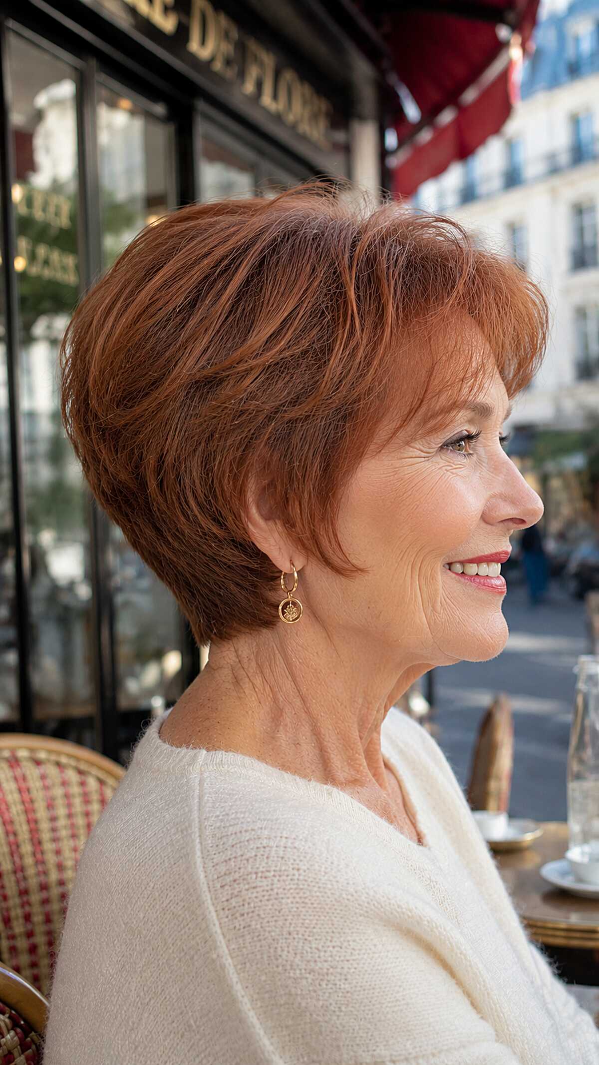 Auburn wedge with swooping layers and side bangs