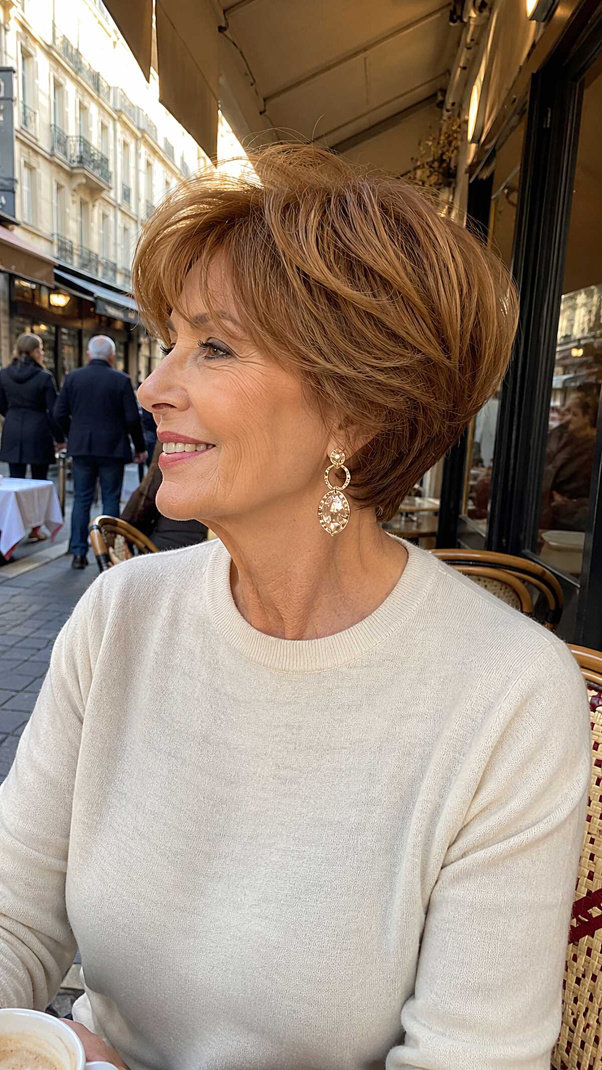 Caramel-highlighted wedge bob with soft flicked ends