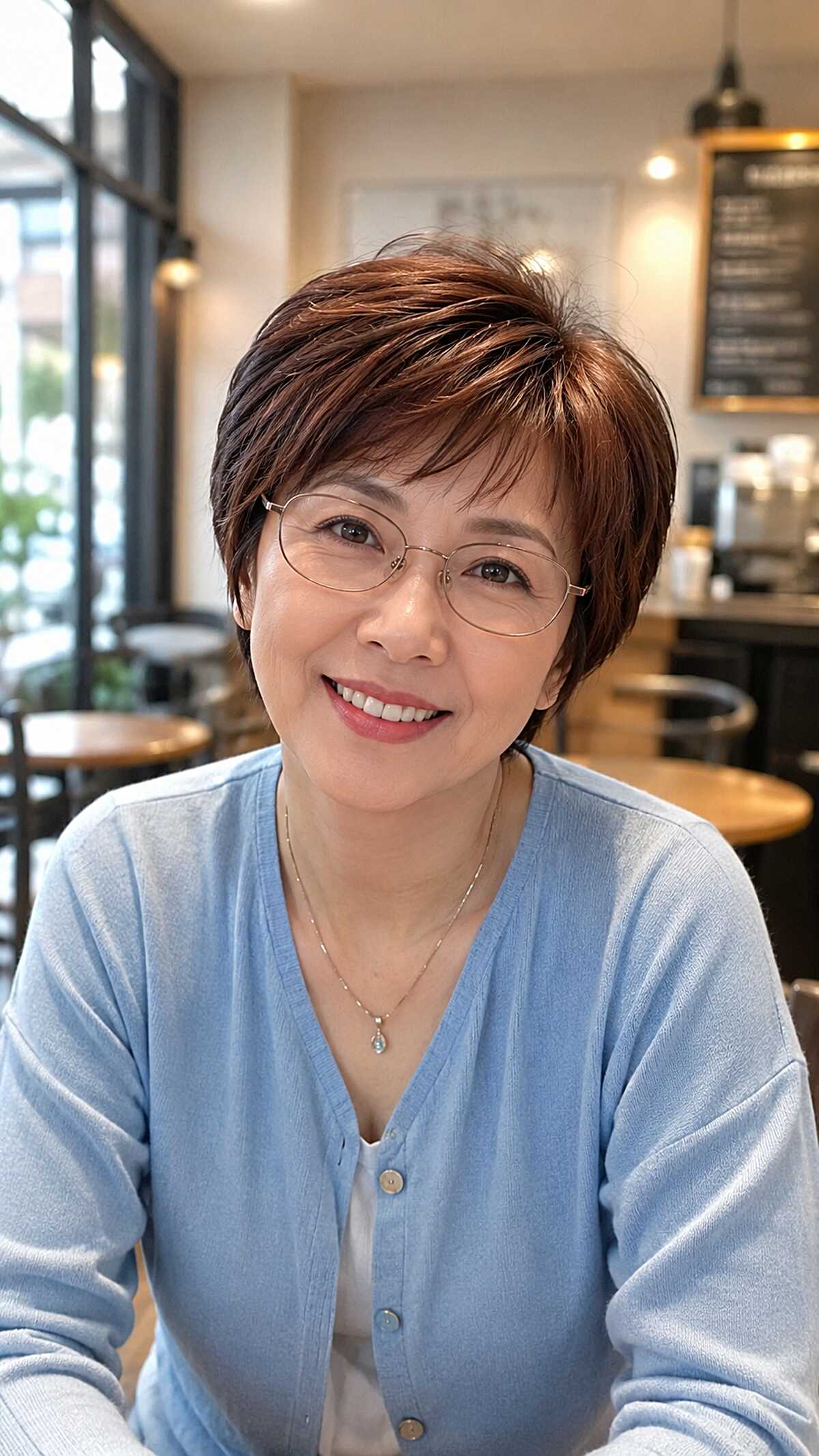 Chestnut brown swept pixie with side bangs and glasses