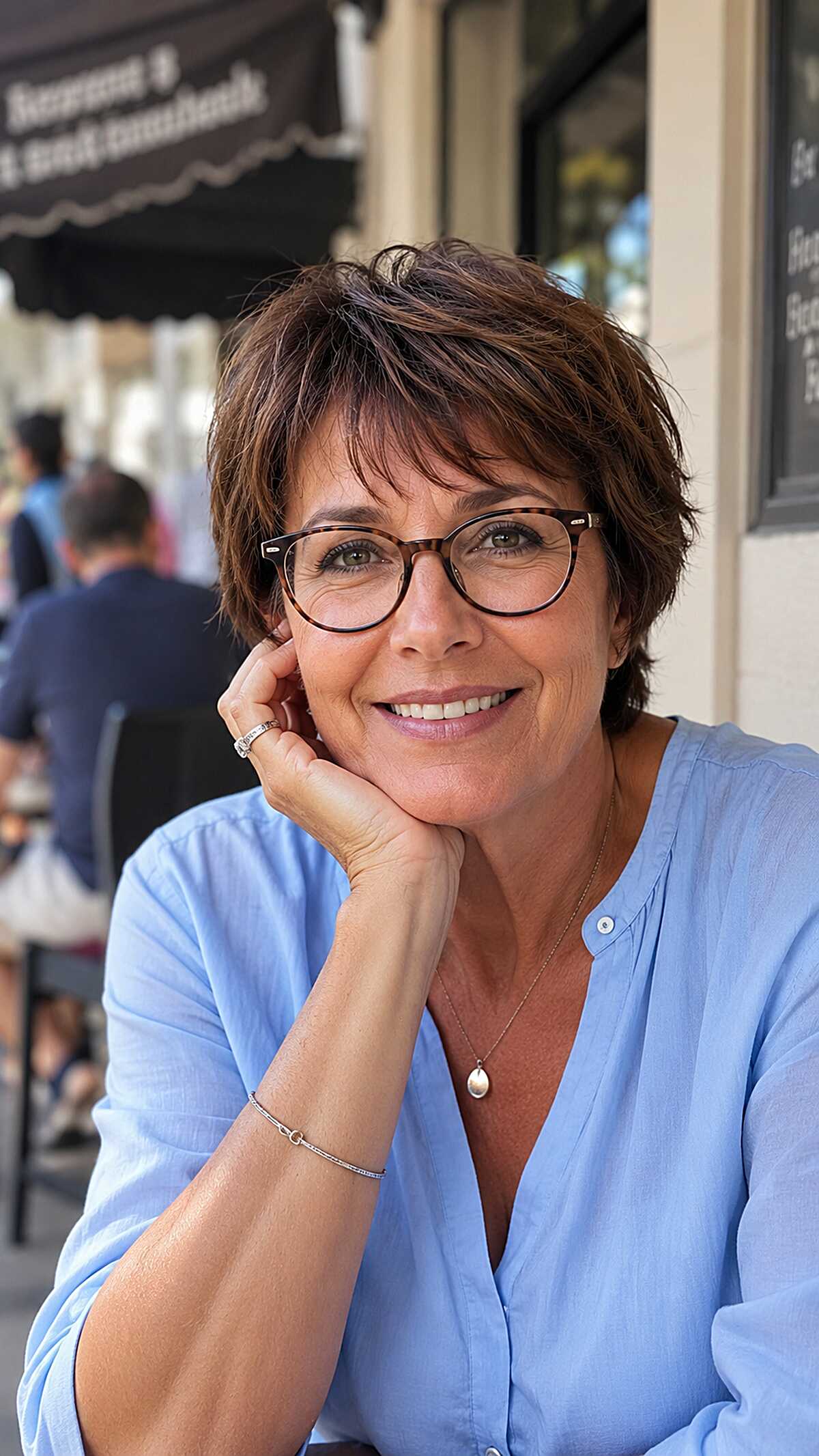 Choppy brunette pixie with wispy bangs and glasses