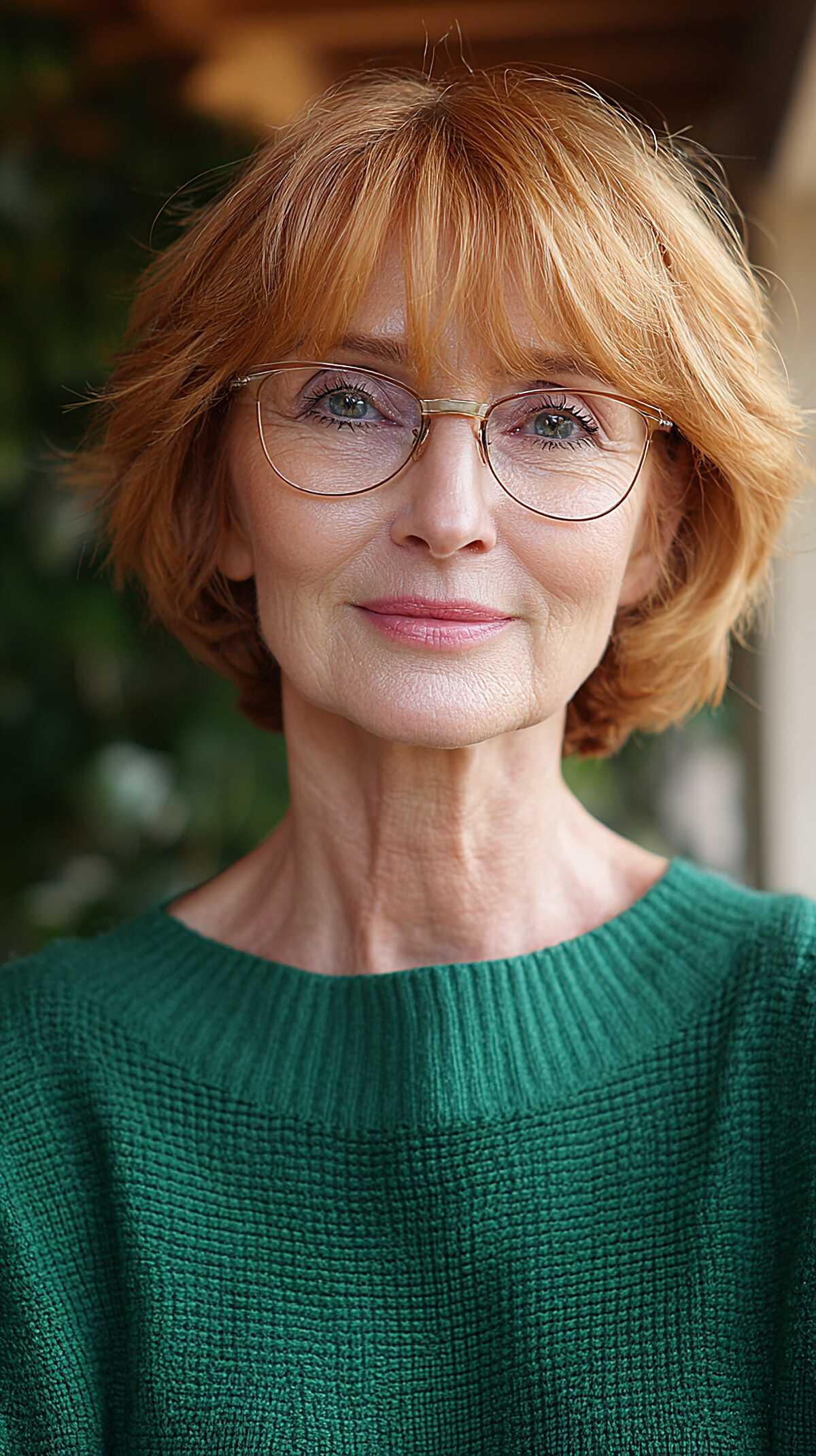 Copper Layered Bob with Full Bangs and Gold Frames