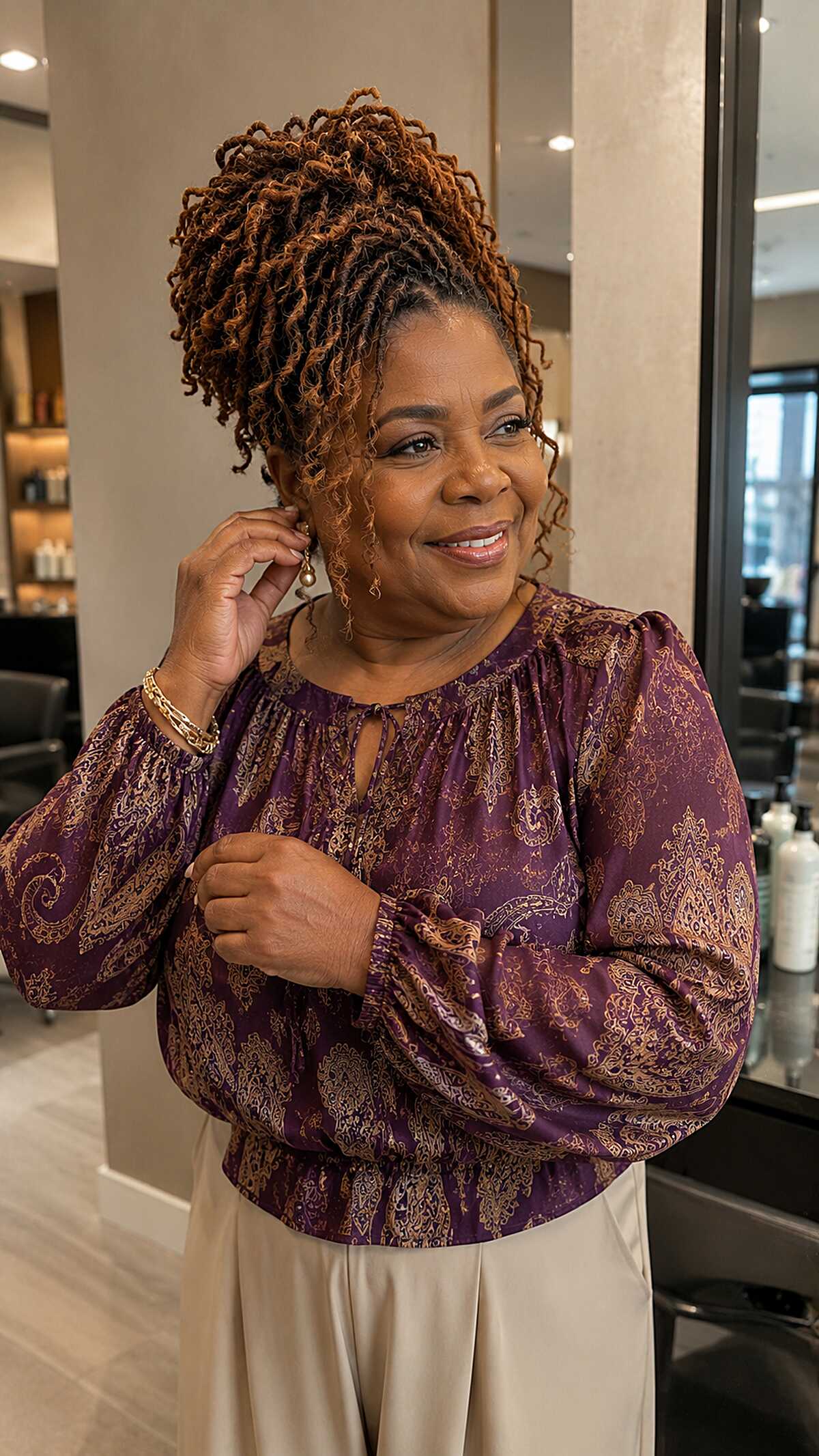 Copper Locs Swept Into a Full Crown Updo