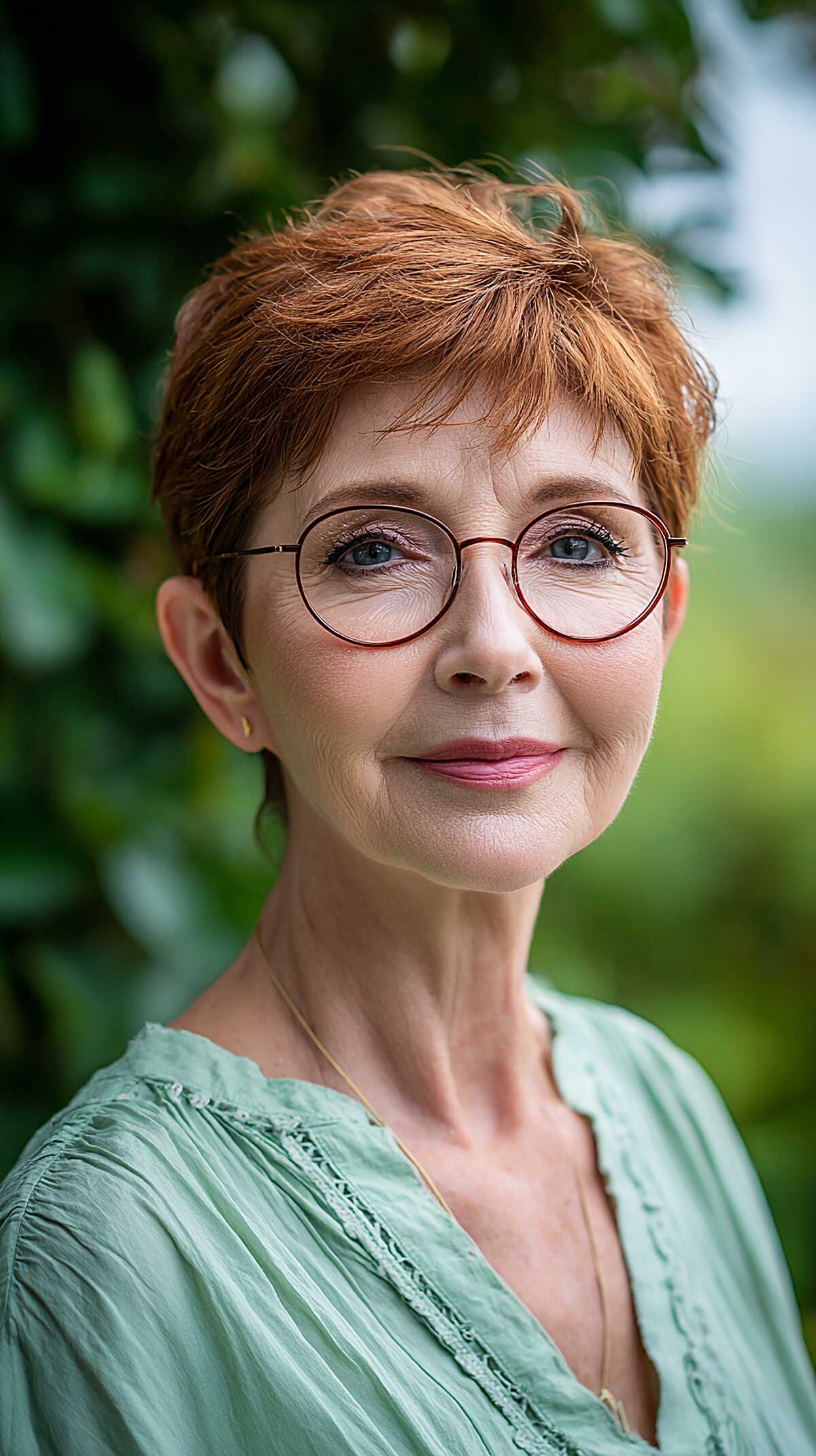 Copper red textured pixie with round burgundy glasses