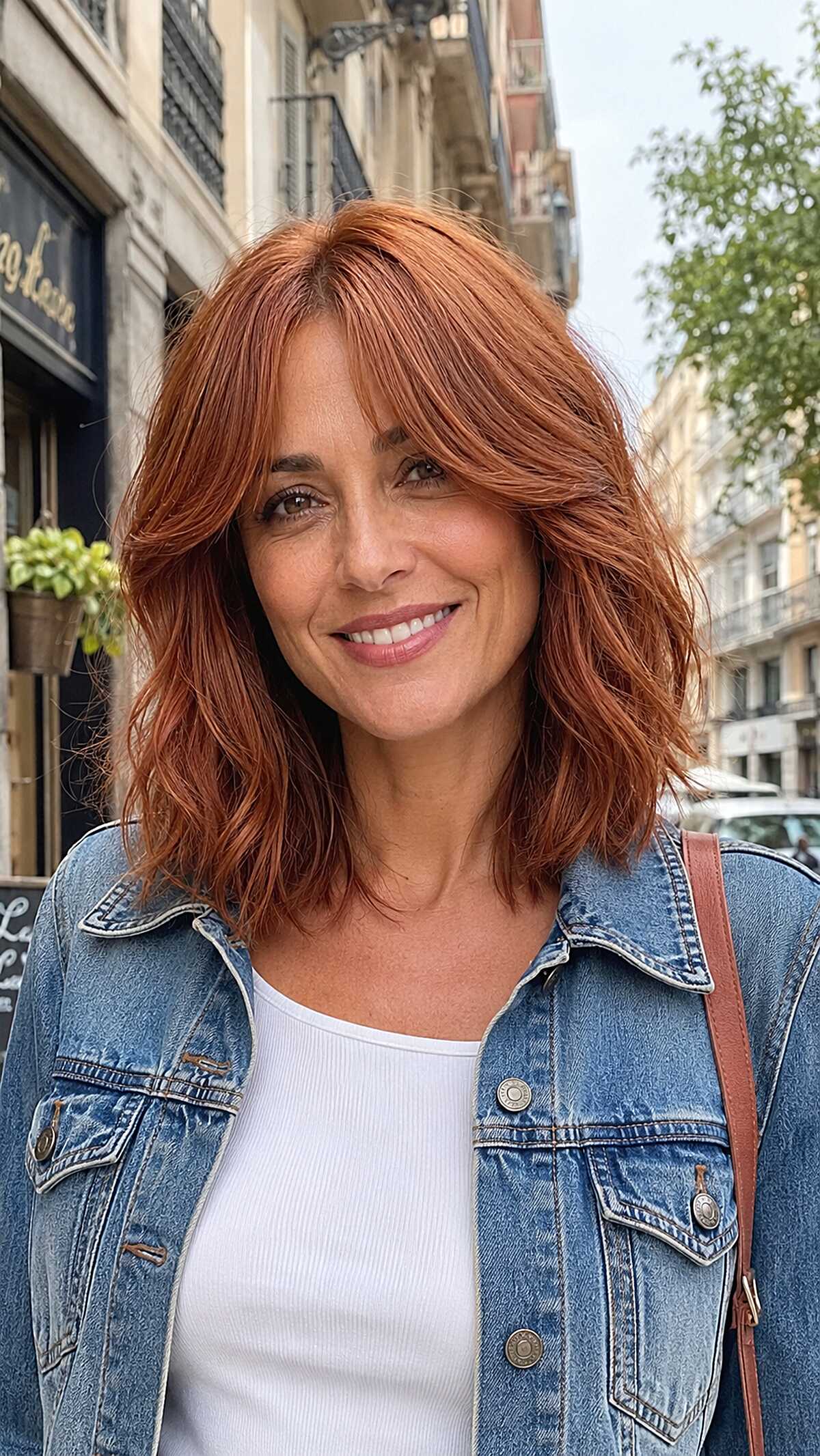 Copper red shoulder-length wavy hair with curtain bangs