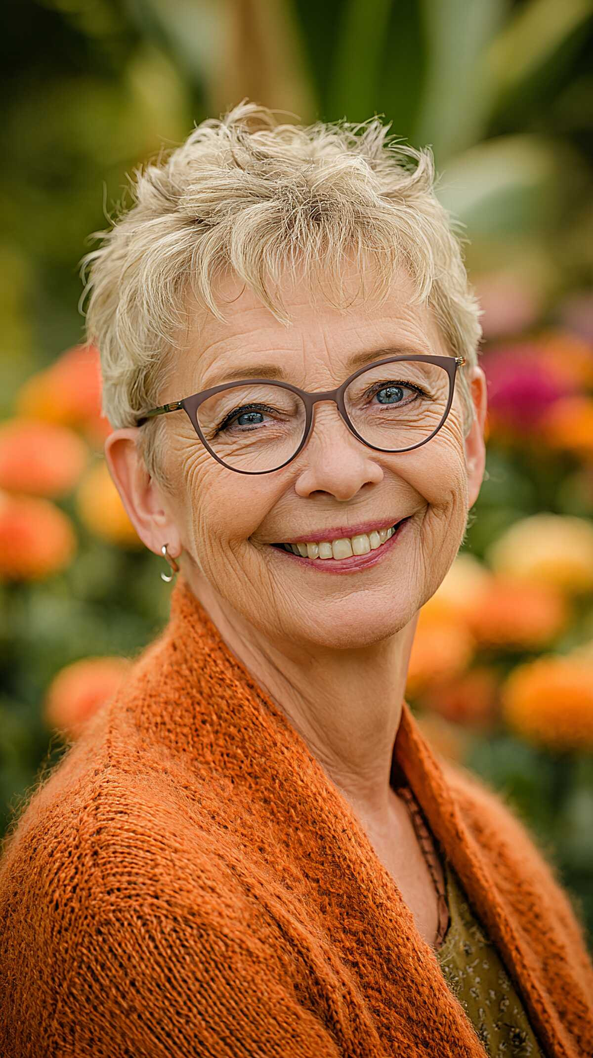 Curly blonde pixie crop with rounded brown glasses