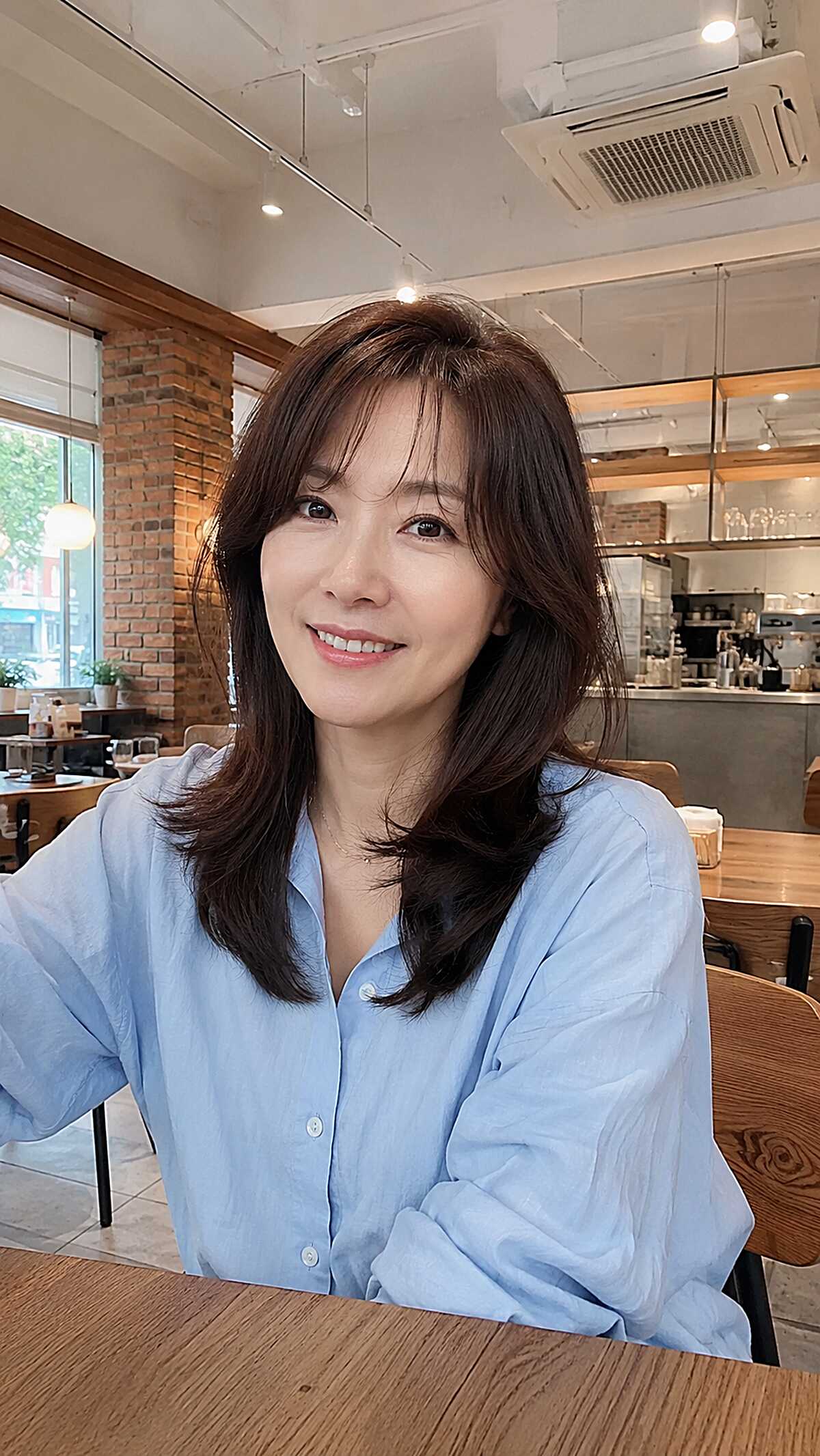 Dark shoulder-length layered hair with soft curtain bangs