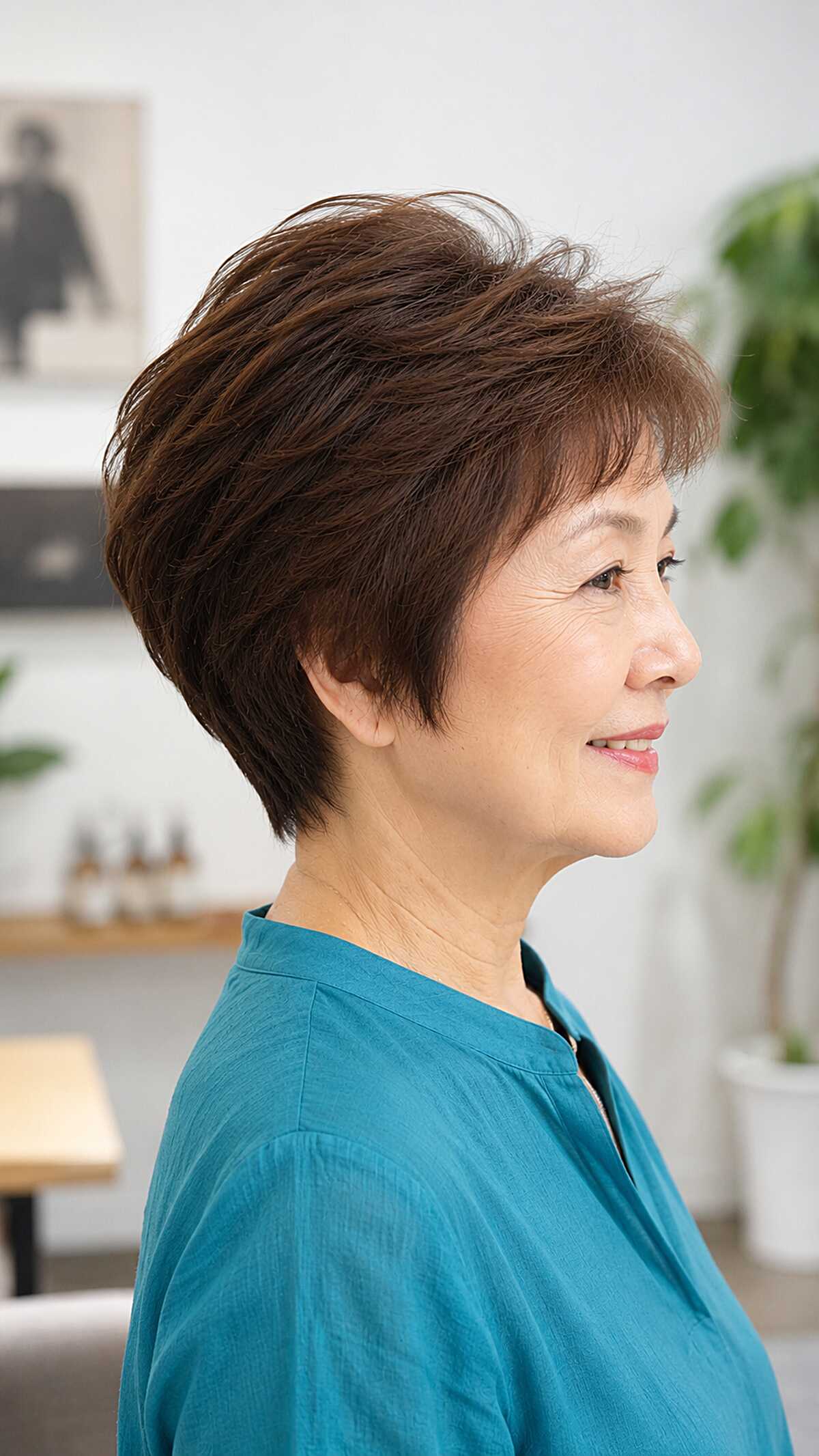 Feathered dark brown wedge with wispy crown layers