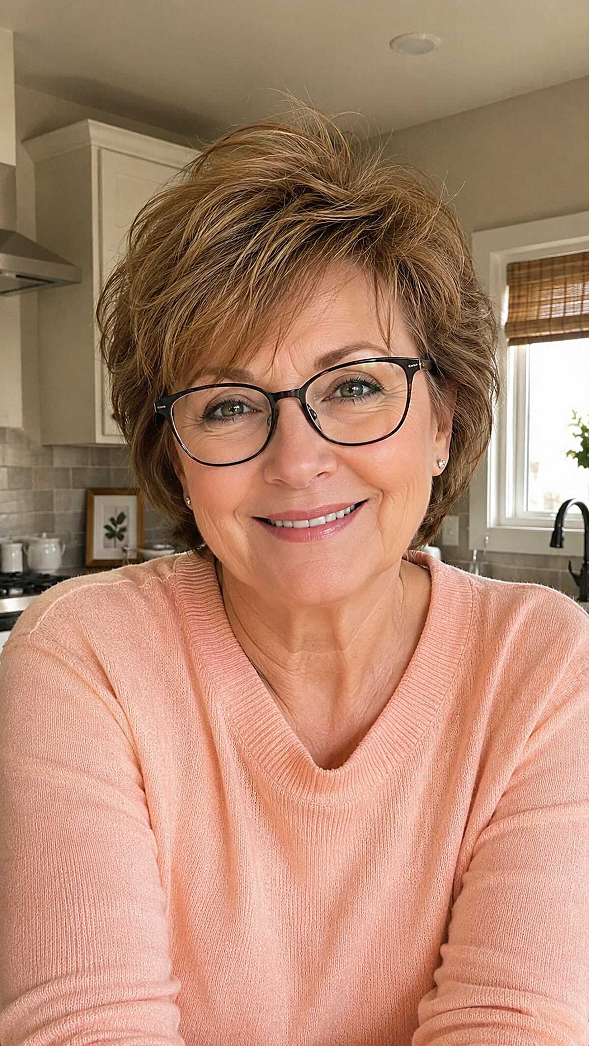 Feathered Short Shag with Swept-Back Layers and Glasses