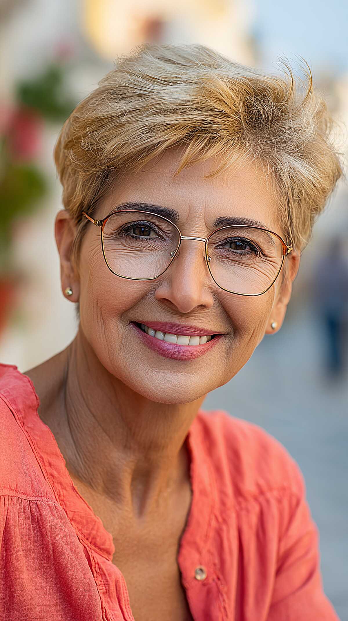 Golden blonde feathered pixie with lifted crown and glasses