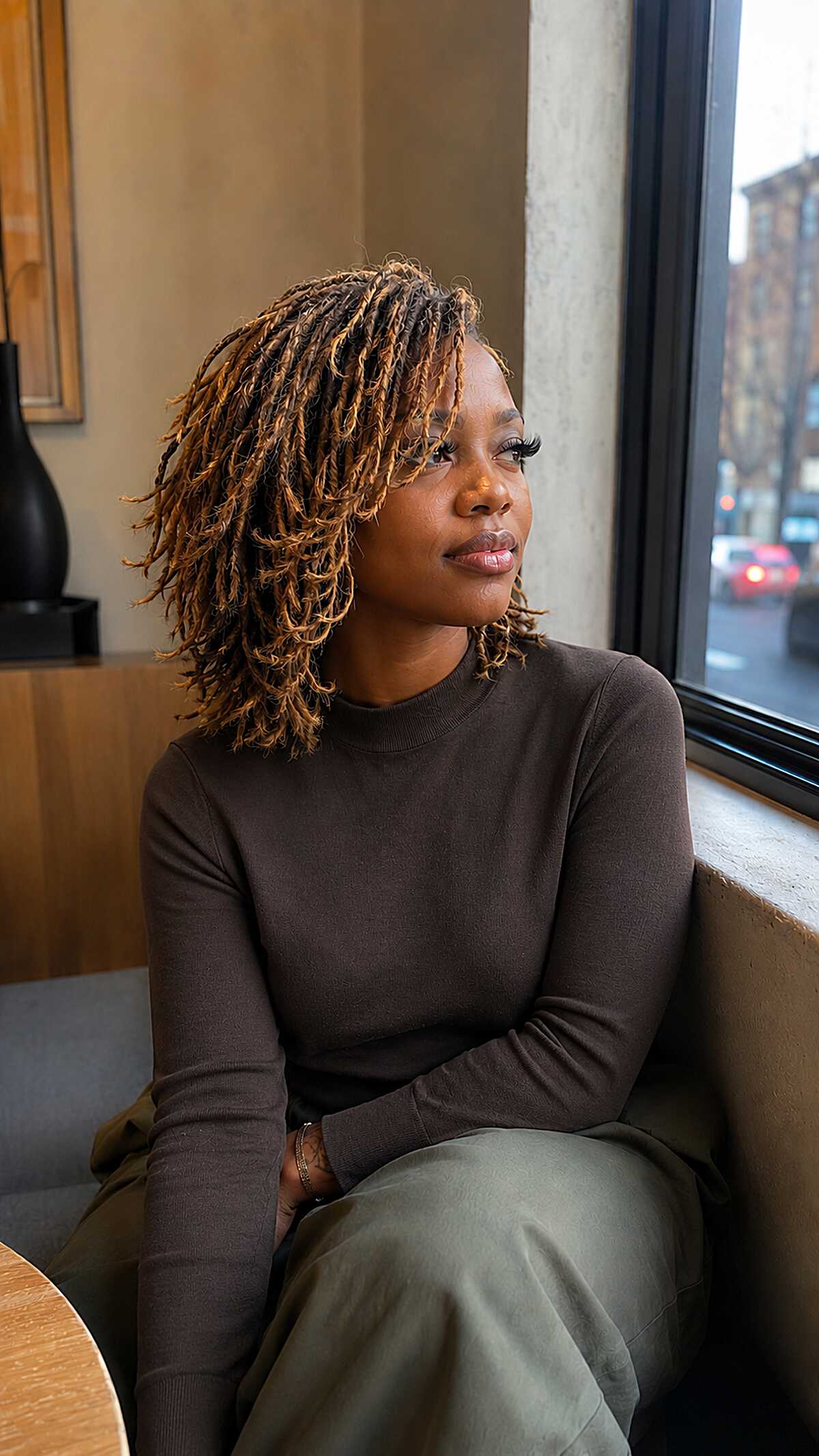 Golden-Tipped Shoulder Locs with Natural Movement