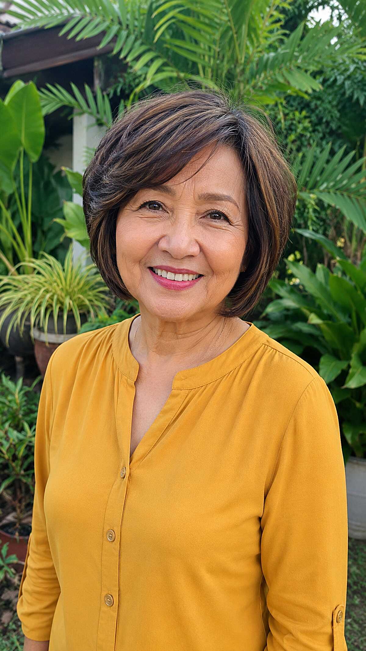 Highlighted Brunette Bob with Sweeping Bangs
