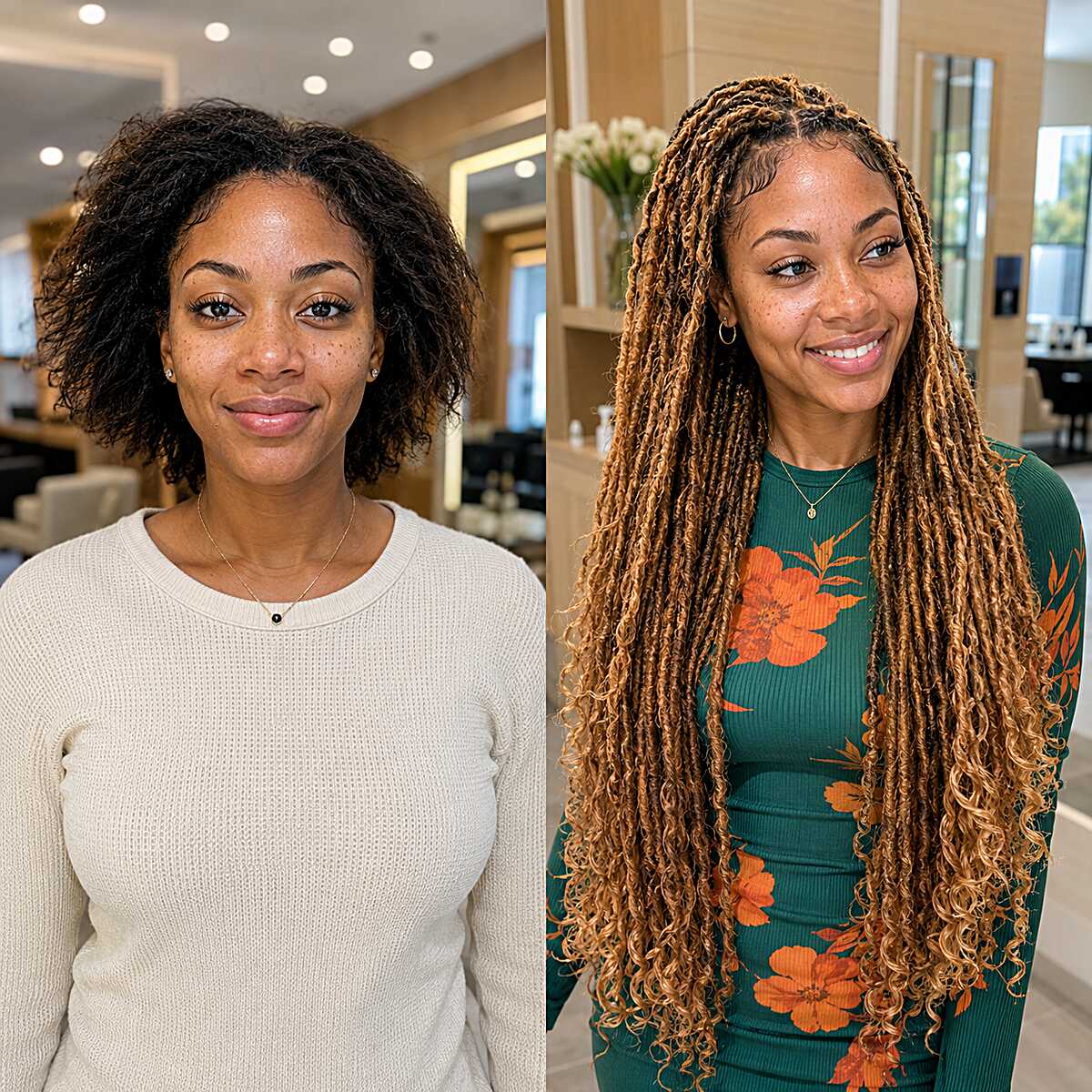 Honey Blonde Curly Locs Before and After Transformation