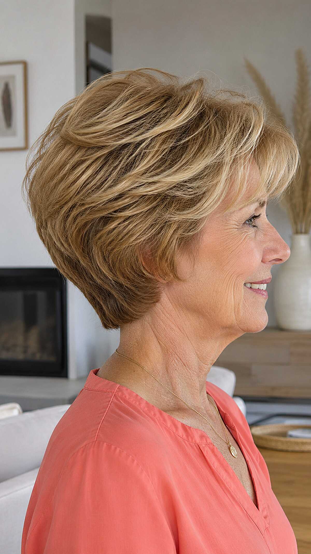 Honey blonde feathered wedge with highlighted layers