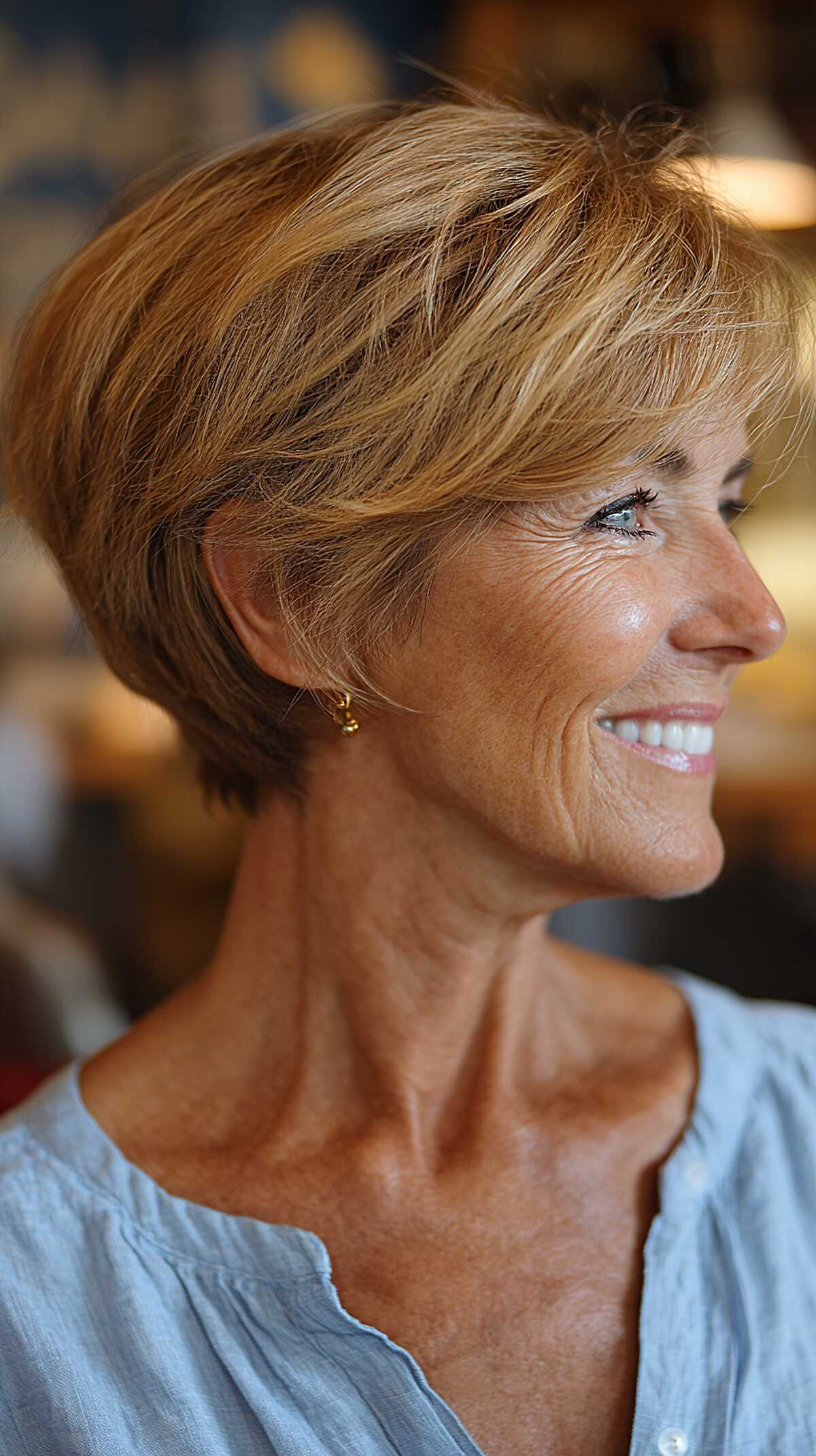 Honey-toned layered wedge with side-swept fringe