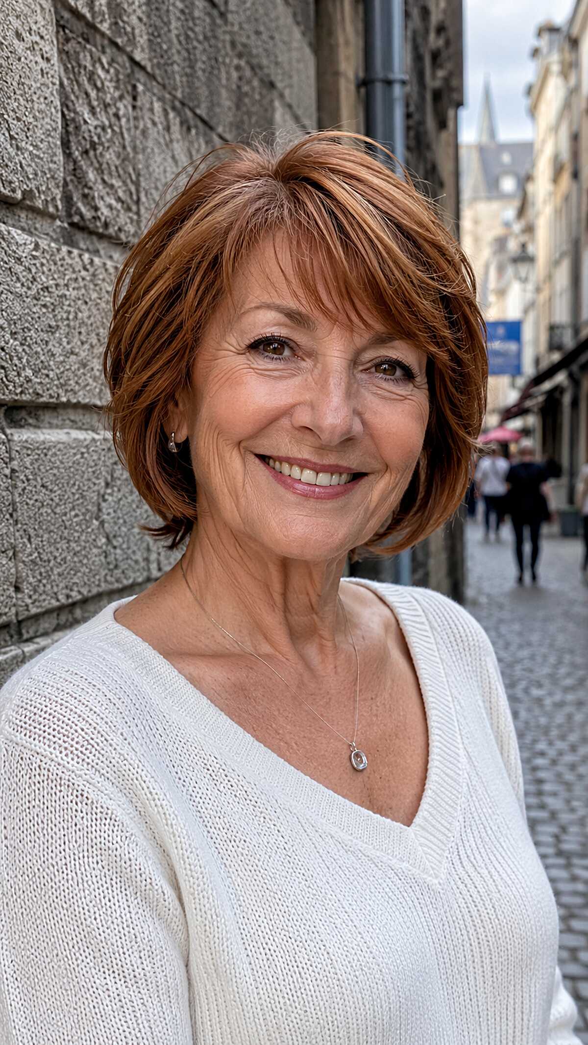 Layered Auburn Bob with Side-Swept Fringe