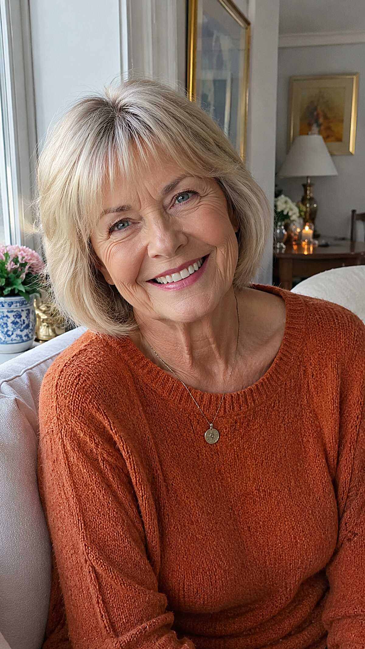 Platinum Blonde Layered Bob with Wispy Fringe