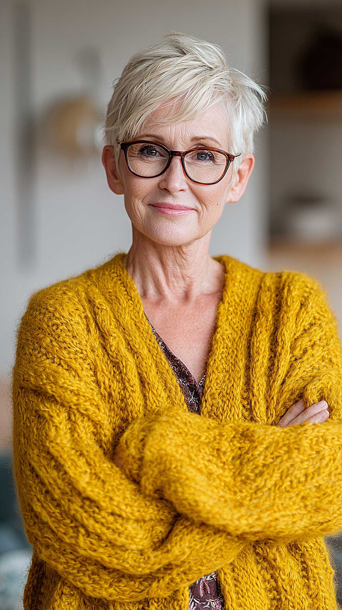 Platinum cropped pixie with swept fringe and glasses
