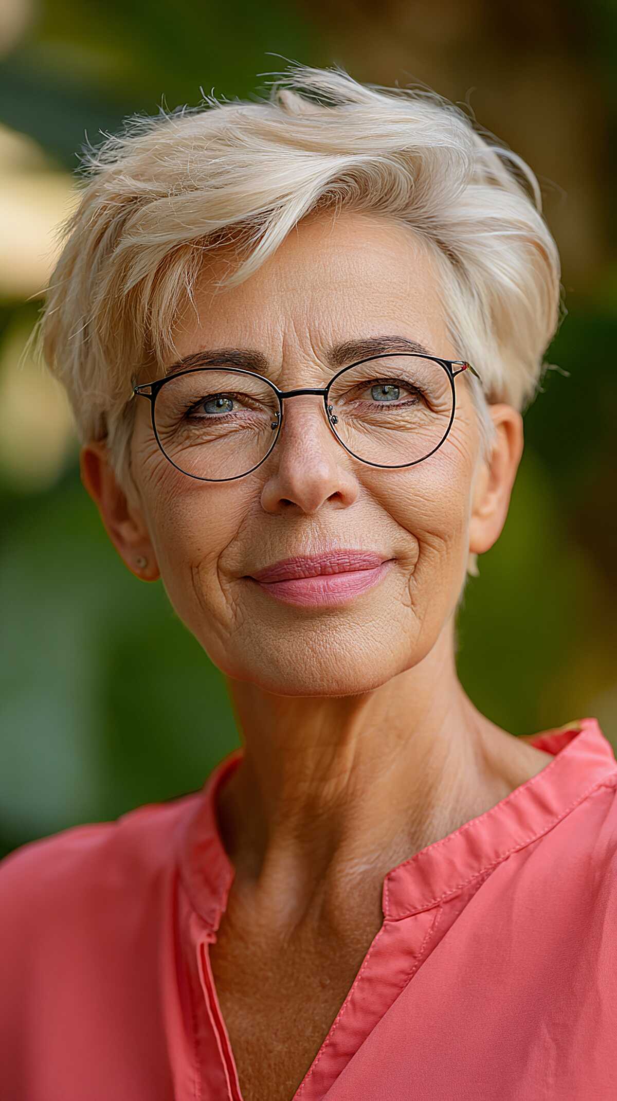 Platinum side-part pixie with dark wire-rim glasses