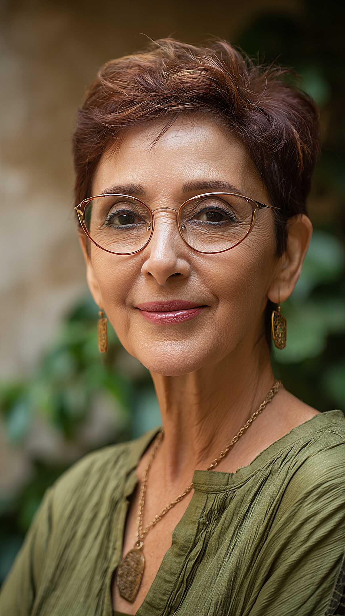 Reddish-brown swept pixie with gold cat-eye glasses