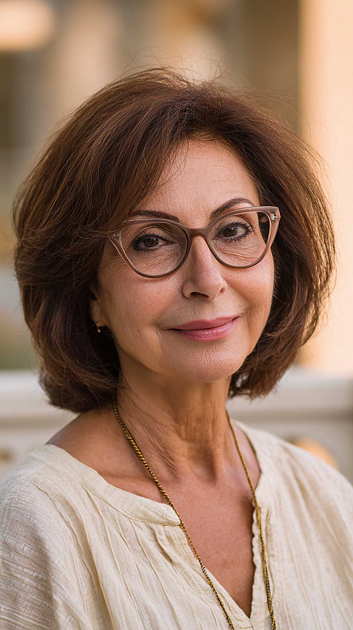 Rounded Brunette Bob with Inward Curl and Cat-Eye Glasses