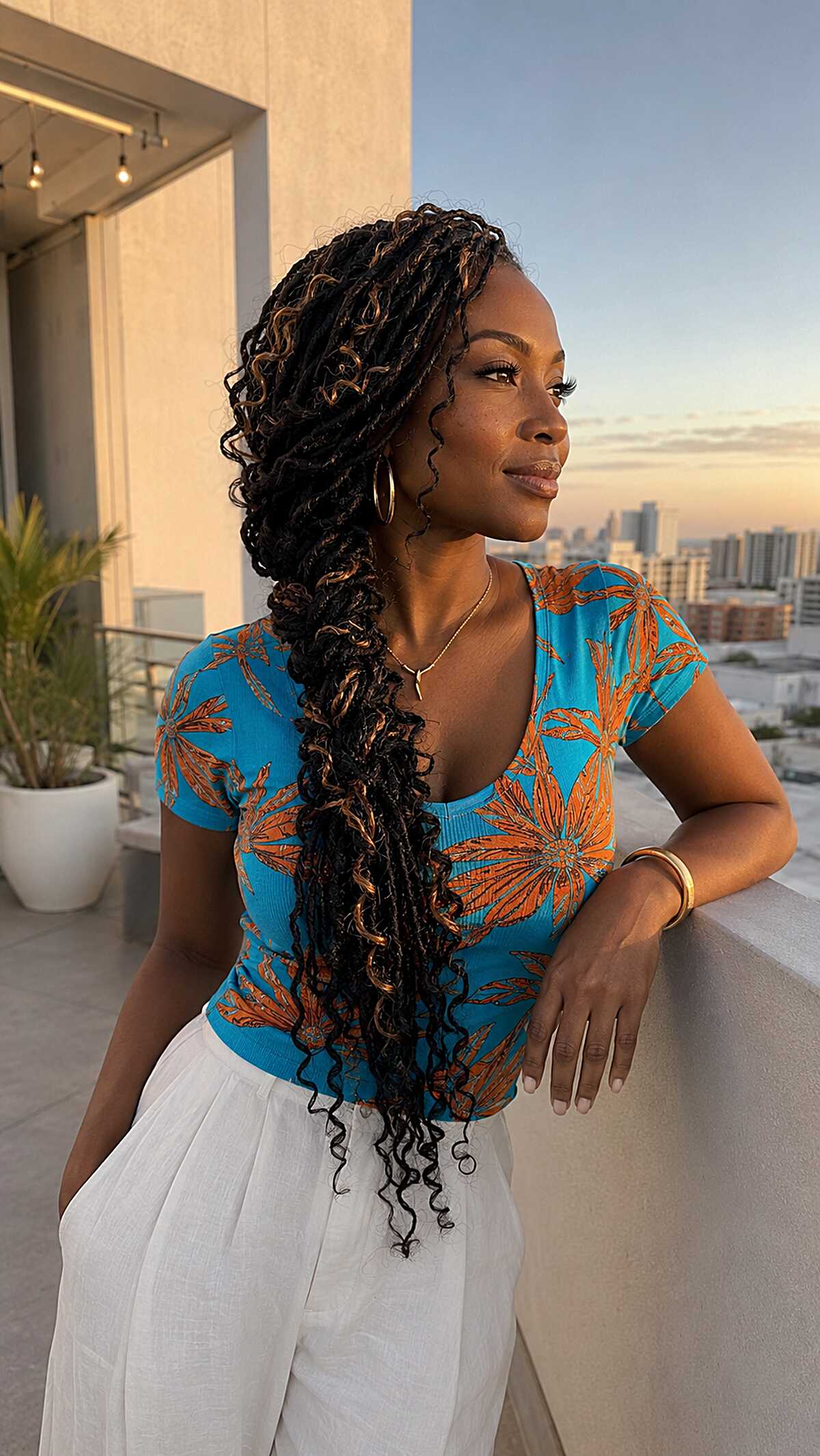 Side-Swept Long Locs with Golden Curled Ends