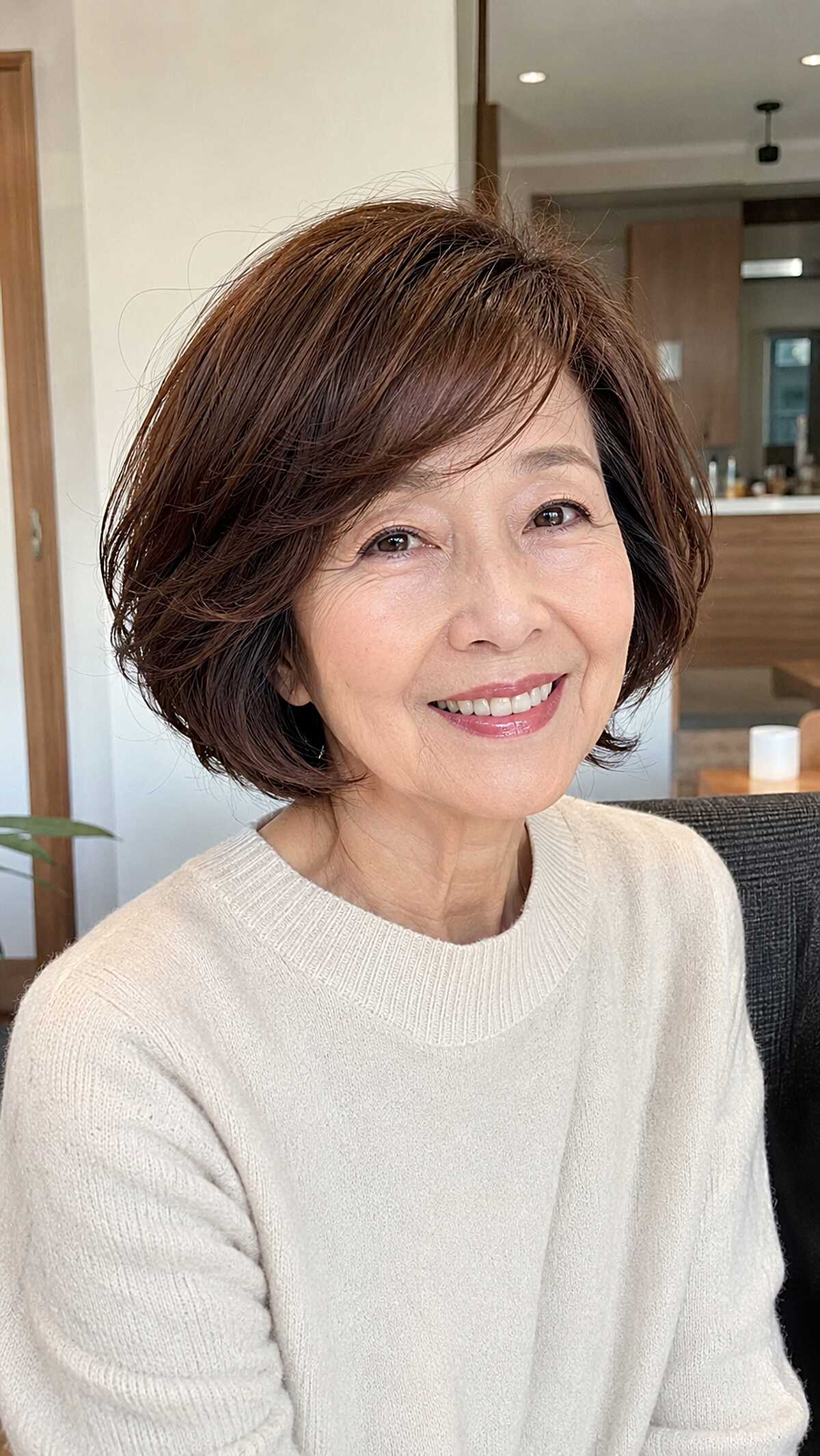 Soft Brunette Chin-Length Bob with Deep Side Part