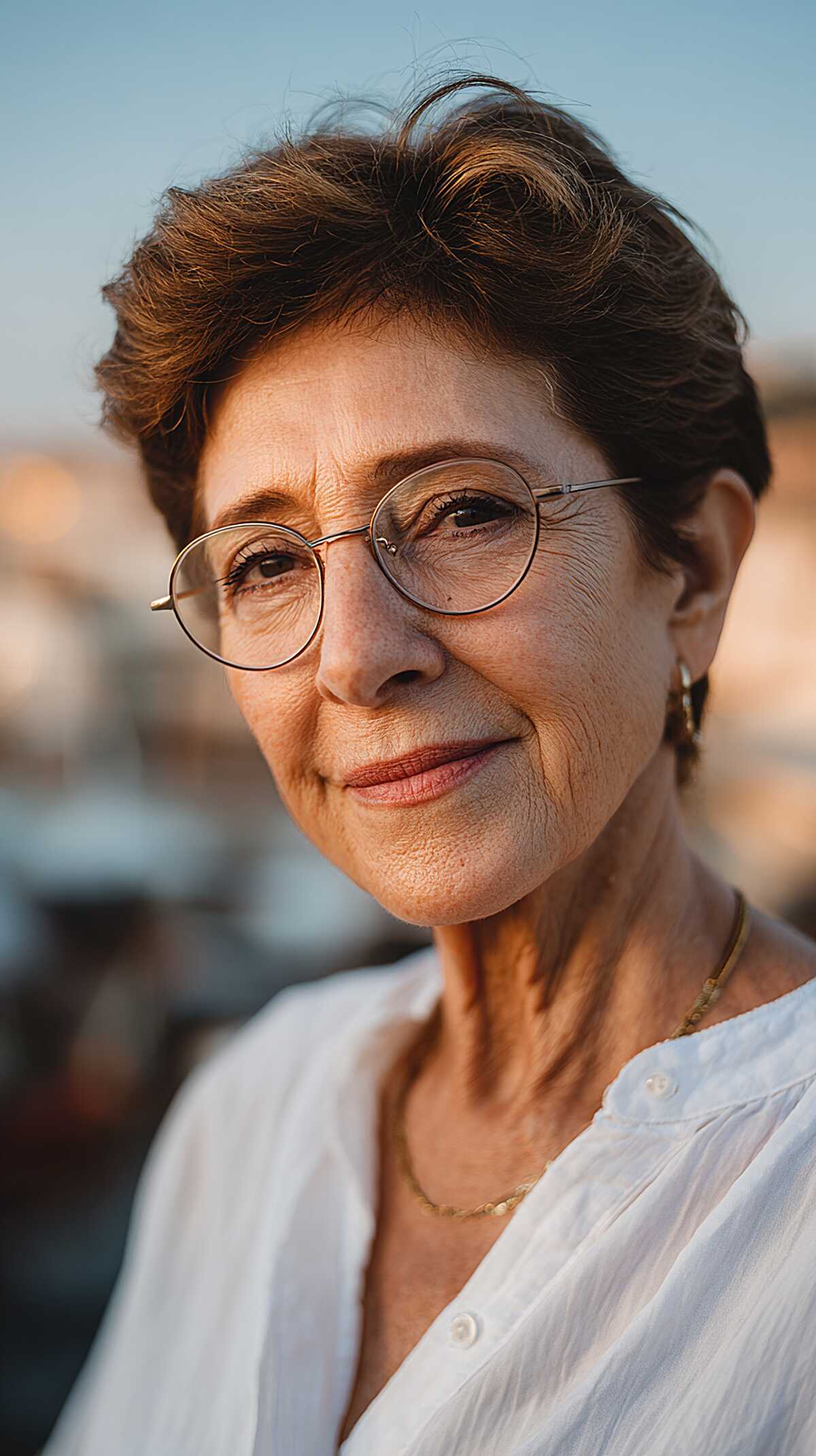 Soft brunette pixie with natural volume and wire glasses