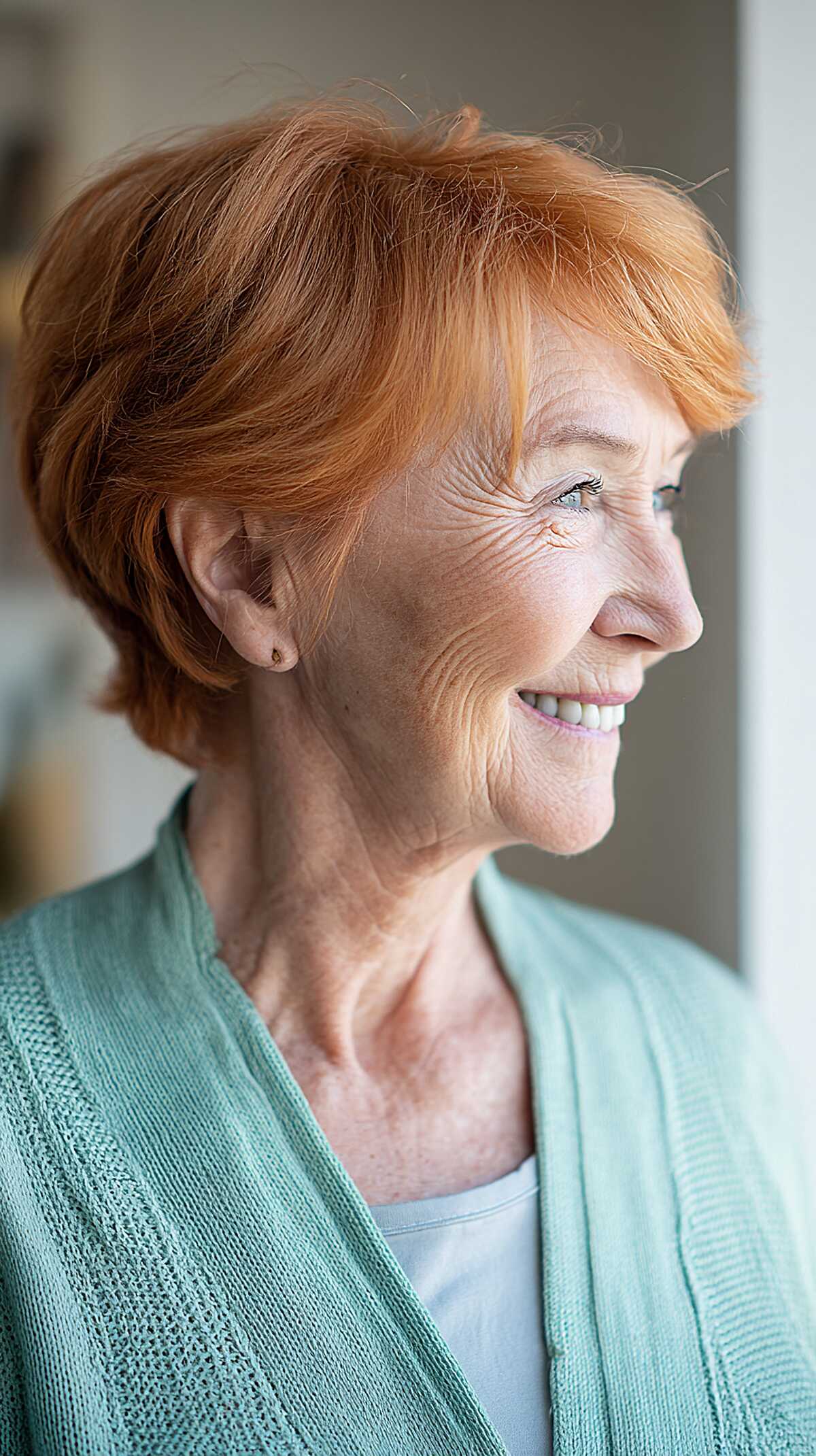 Soft copper red wedge haircut with wispy ends