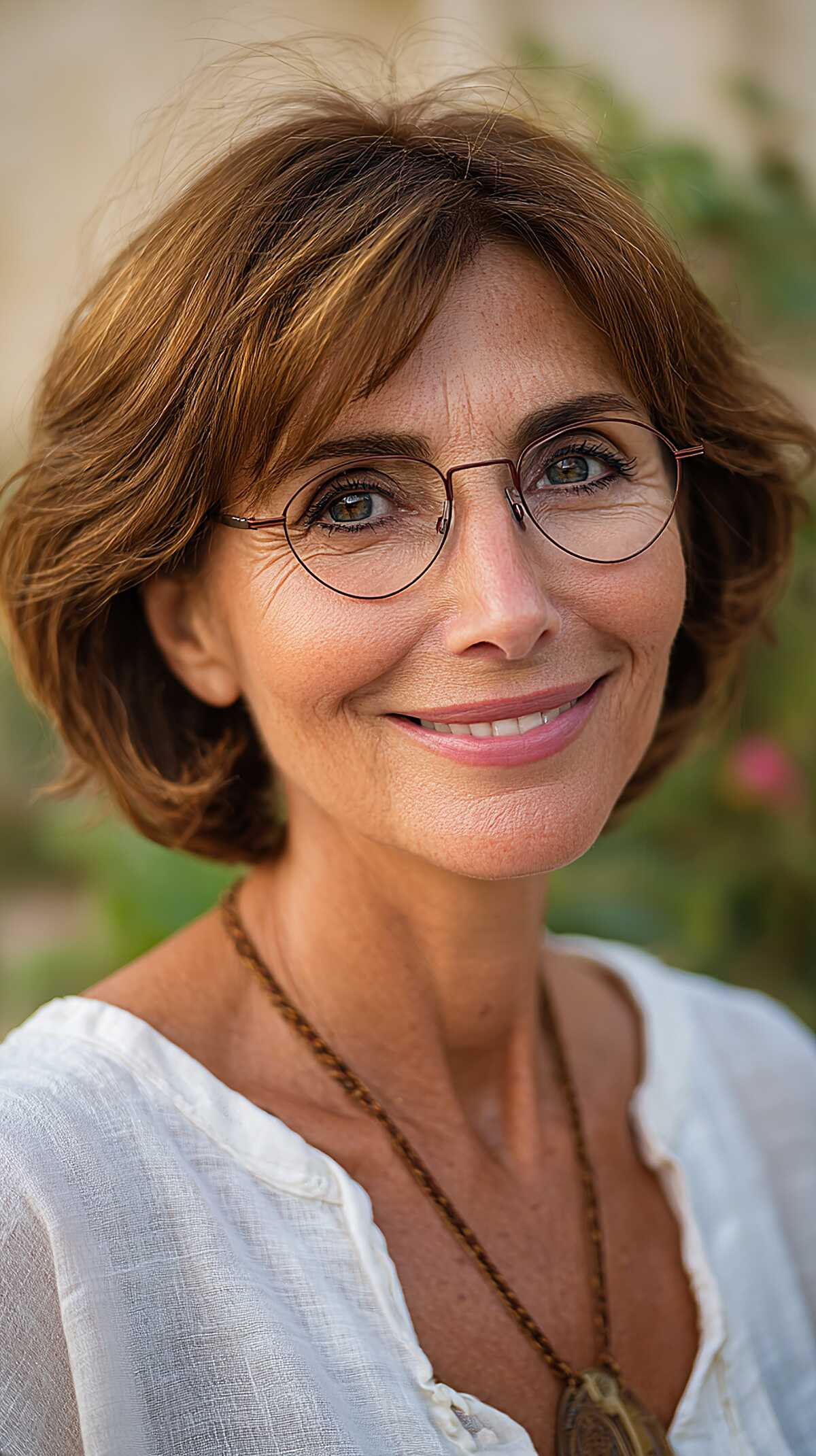 Soft Layered Bob with Side Sweep and Wire Glasses