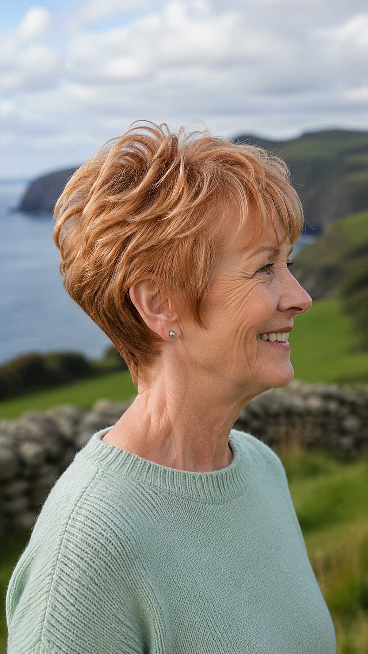Strawberry copper textured wedge pixie cut