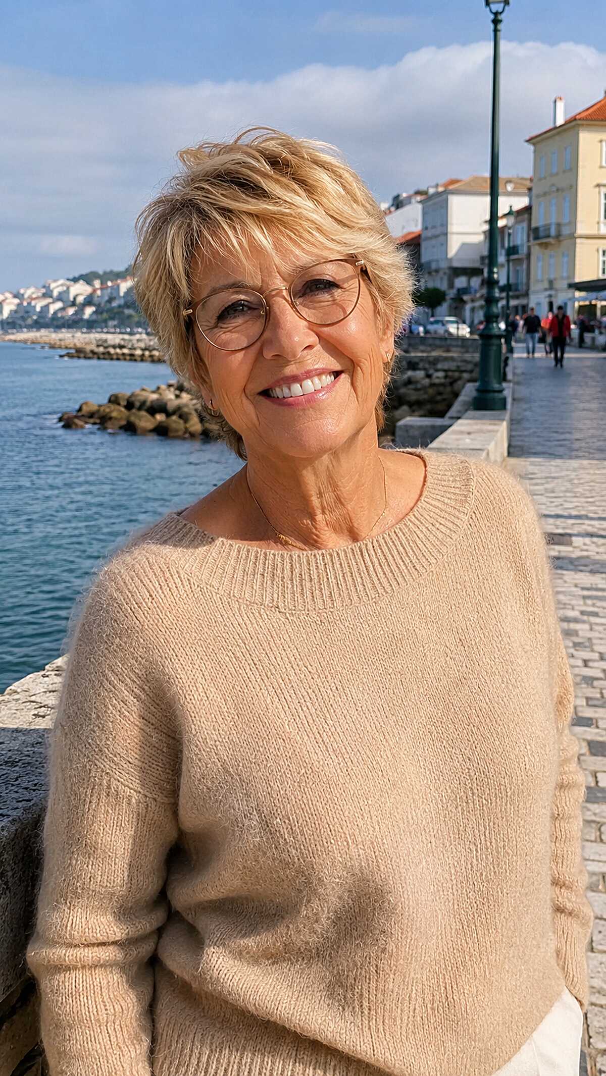 Sun-kissed blonde shaggy pixie with light brown glasses