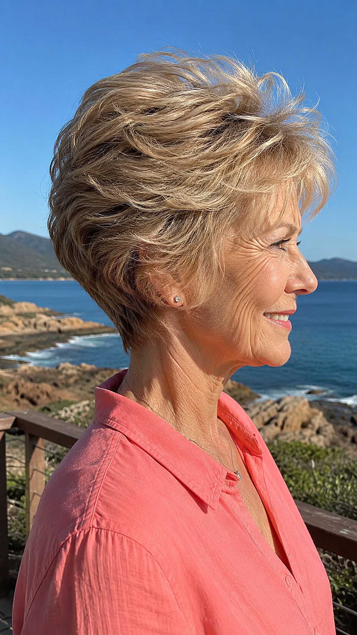 Sun-kissed blonde windblown layered wedge cut