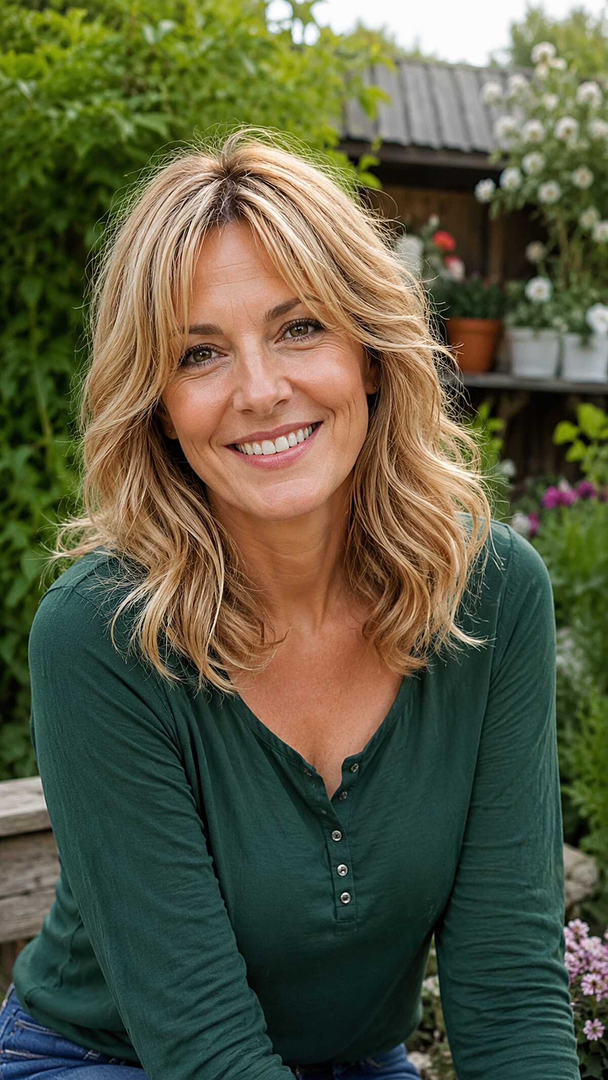 Sunkissed blonde wavy shoulder-length hair with bangs