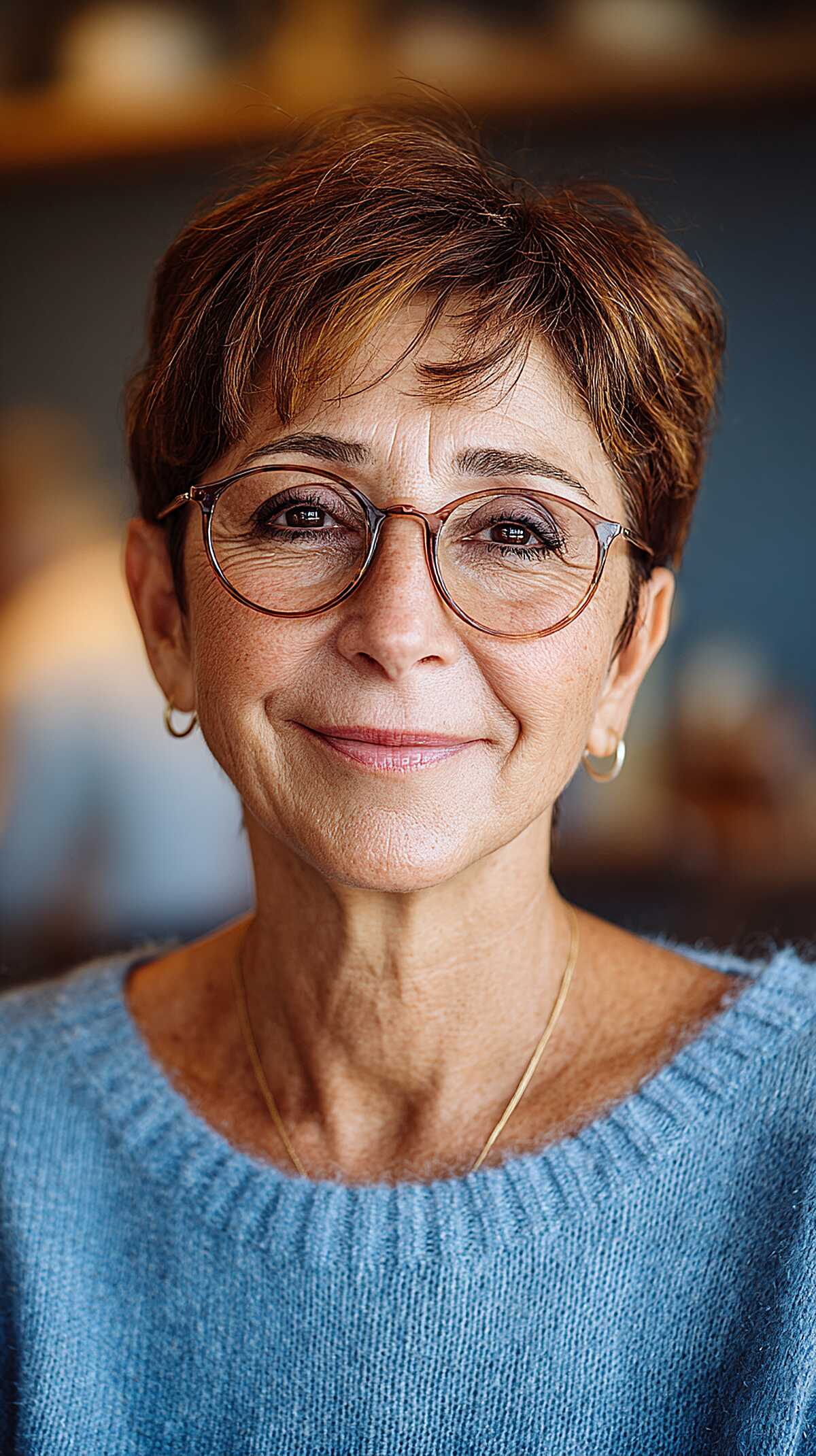 Tousled Brunette Pixie with Wispy Fringe and Glasses