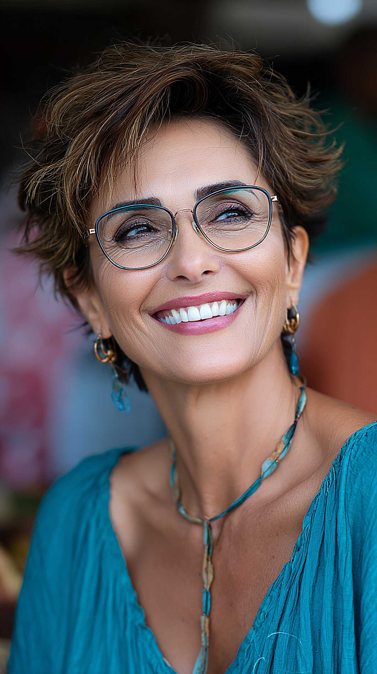 Tousled chocolate brown pixie with cat-eye glasses