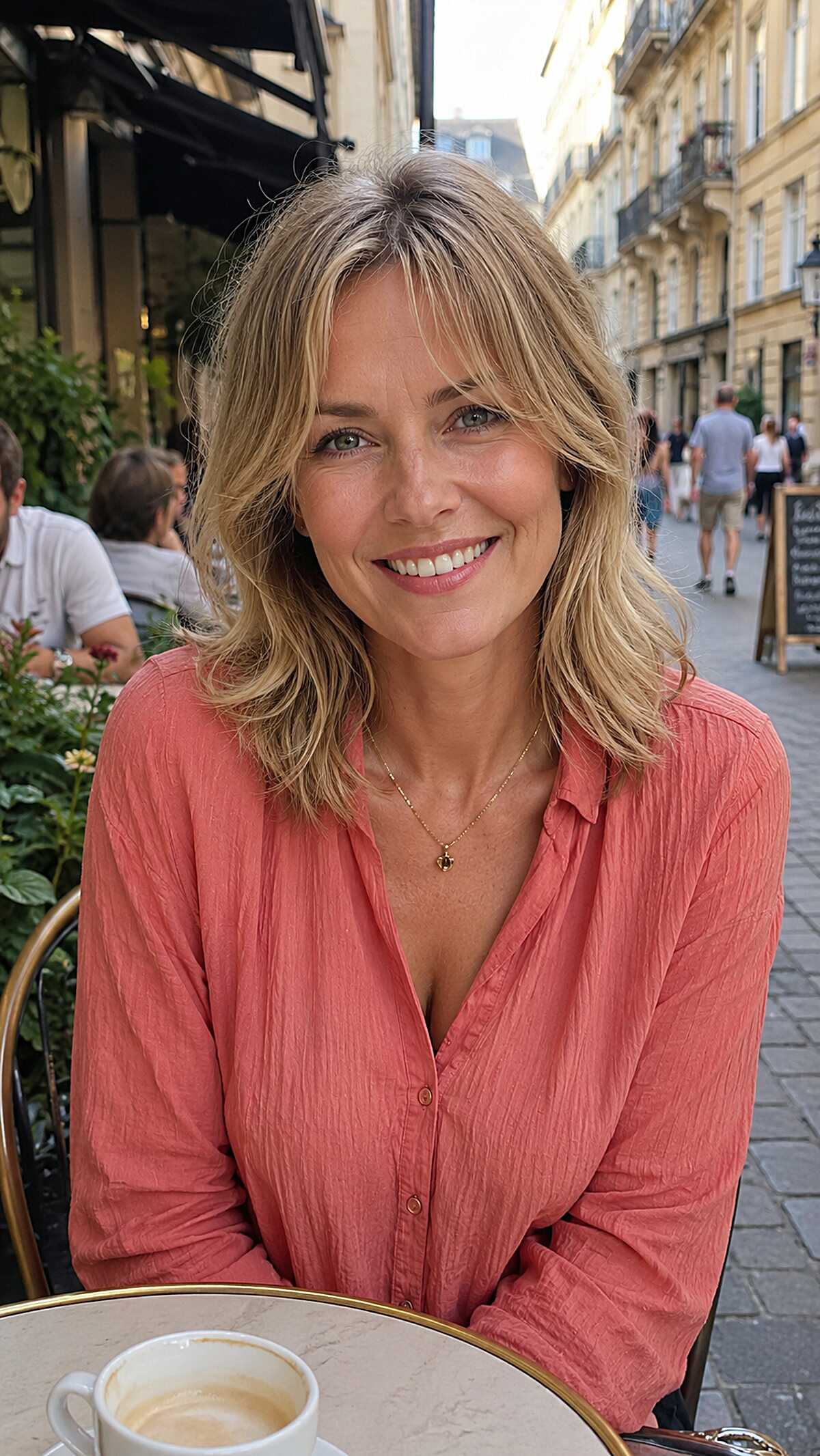 Tousled dirty blonde mid-length hair with curtain bangs