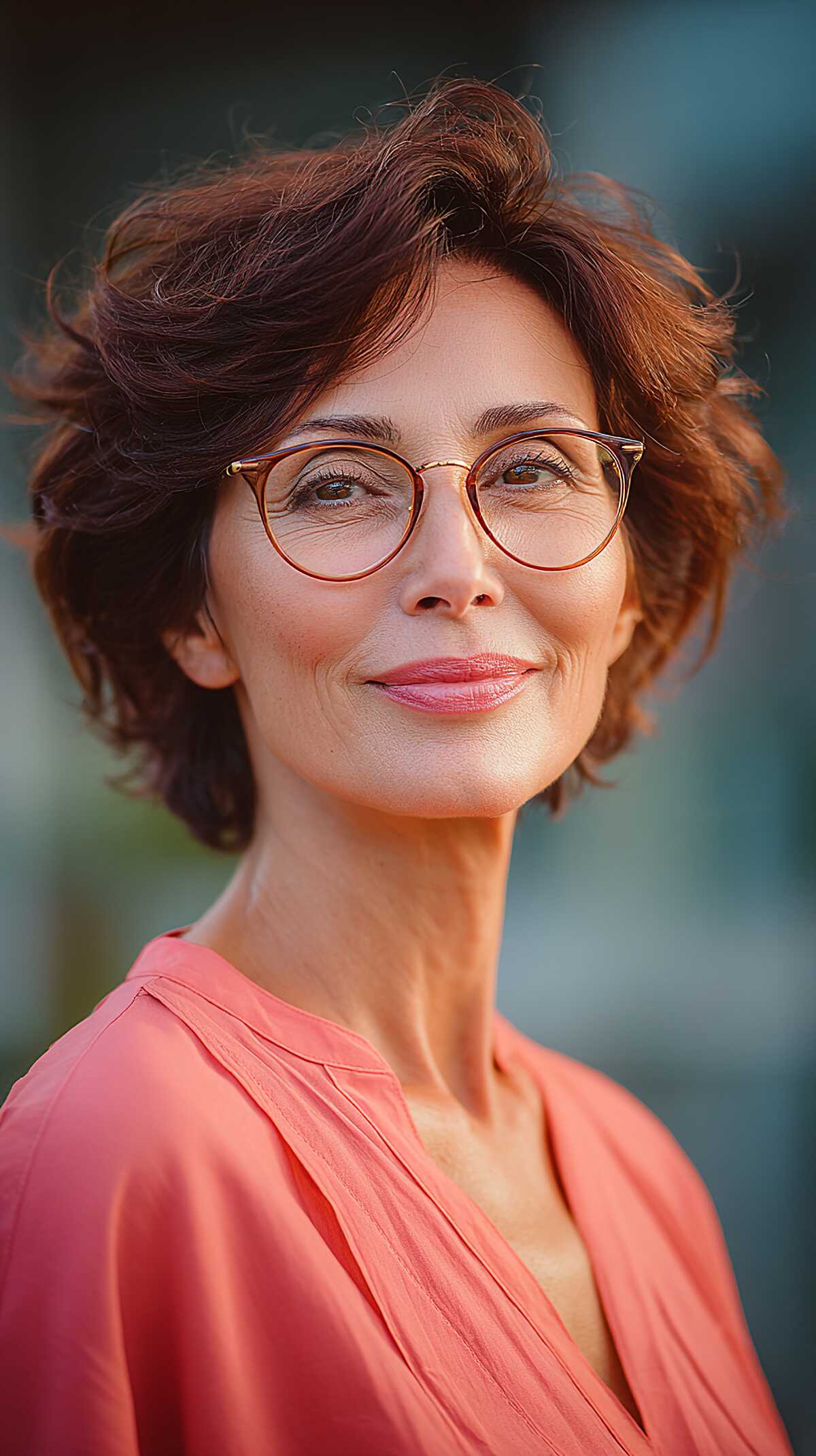 Tousled Wavy Short Crop in Mahogany with Glasses