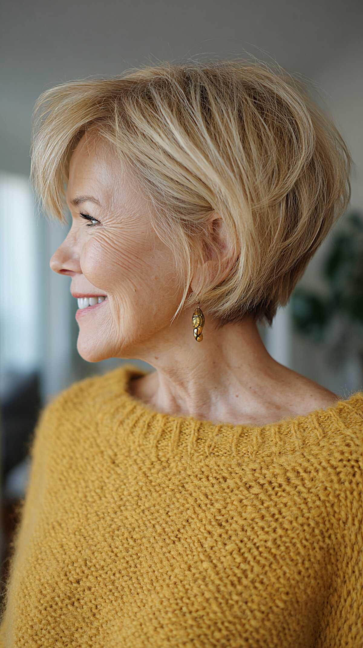 Undone blonde chin-length wedge with soft texture