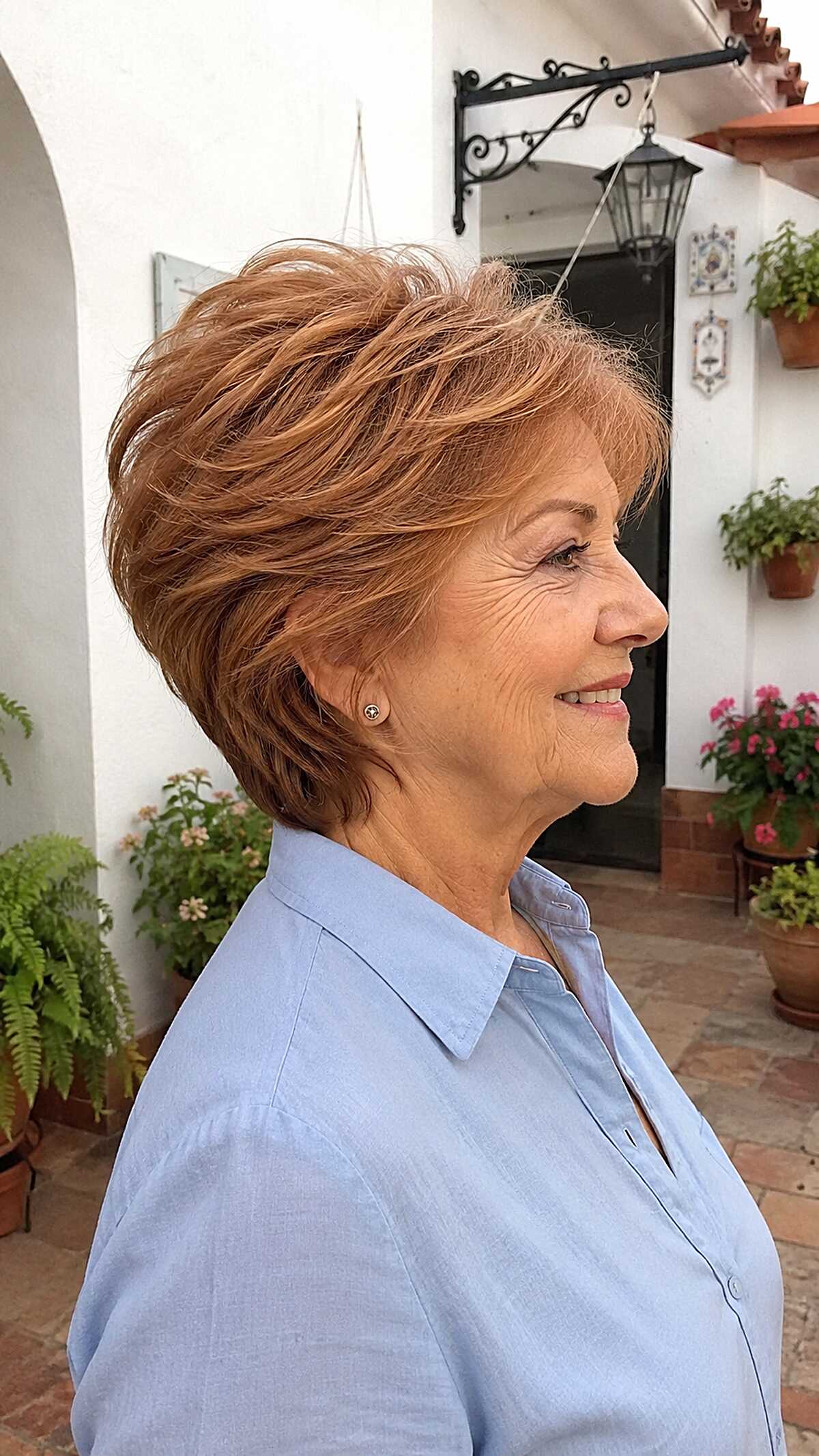 Voluminous strawberry blonde swept-back wedge cut