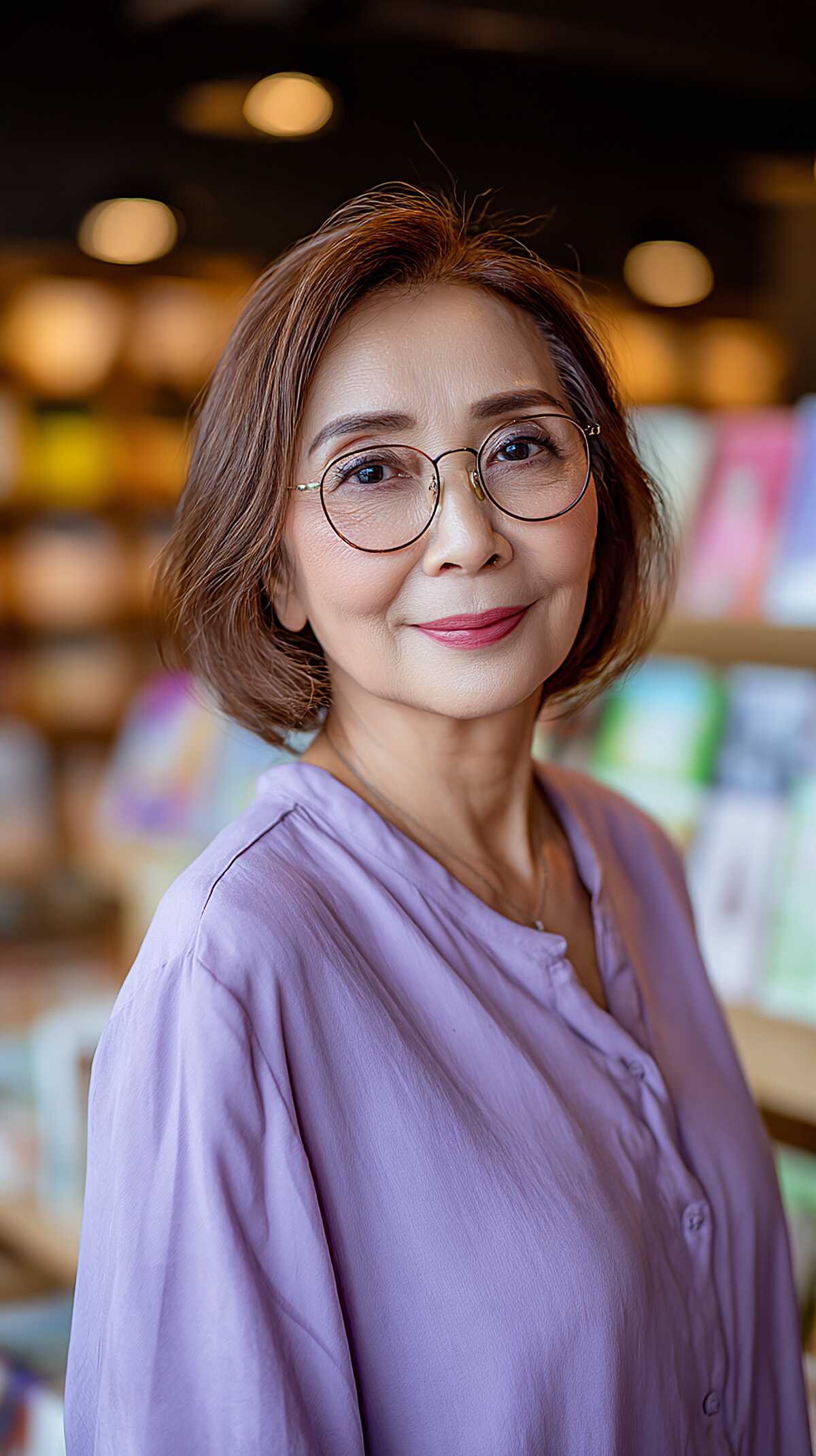 Warm Auburn Chin-Length Bob with Round Glasses