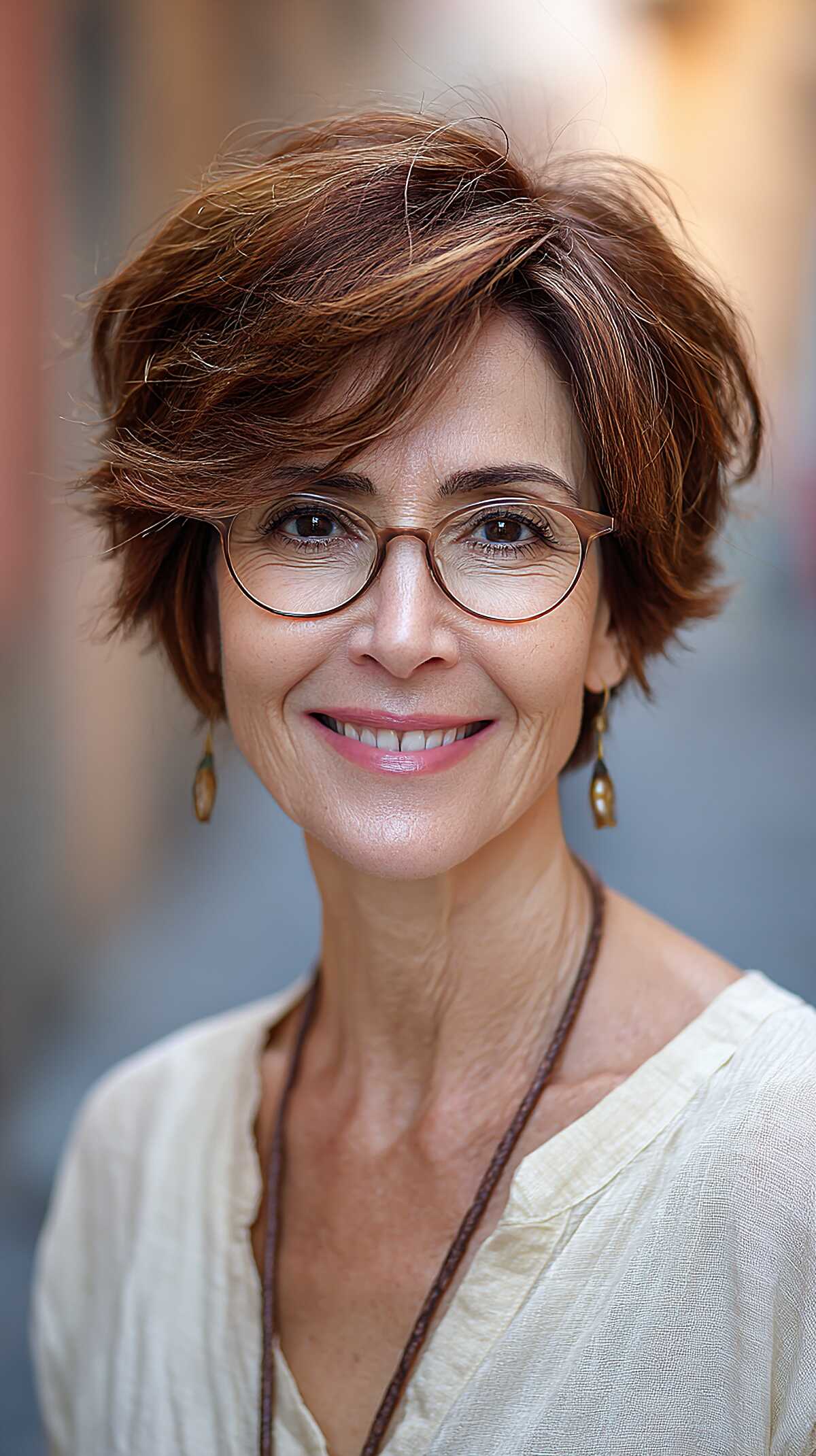 Warm auburn layered pixie with wispy fringe and glasses