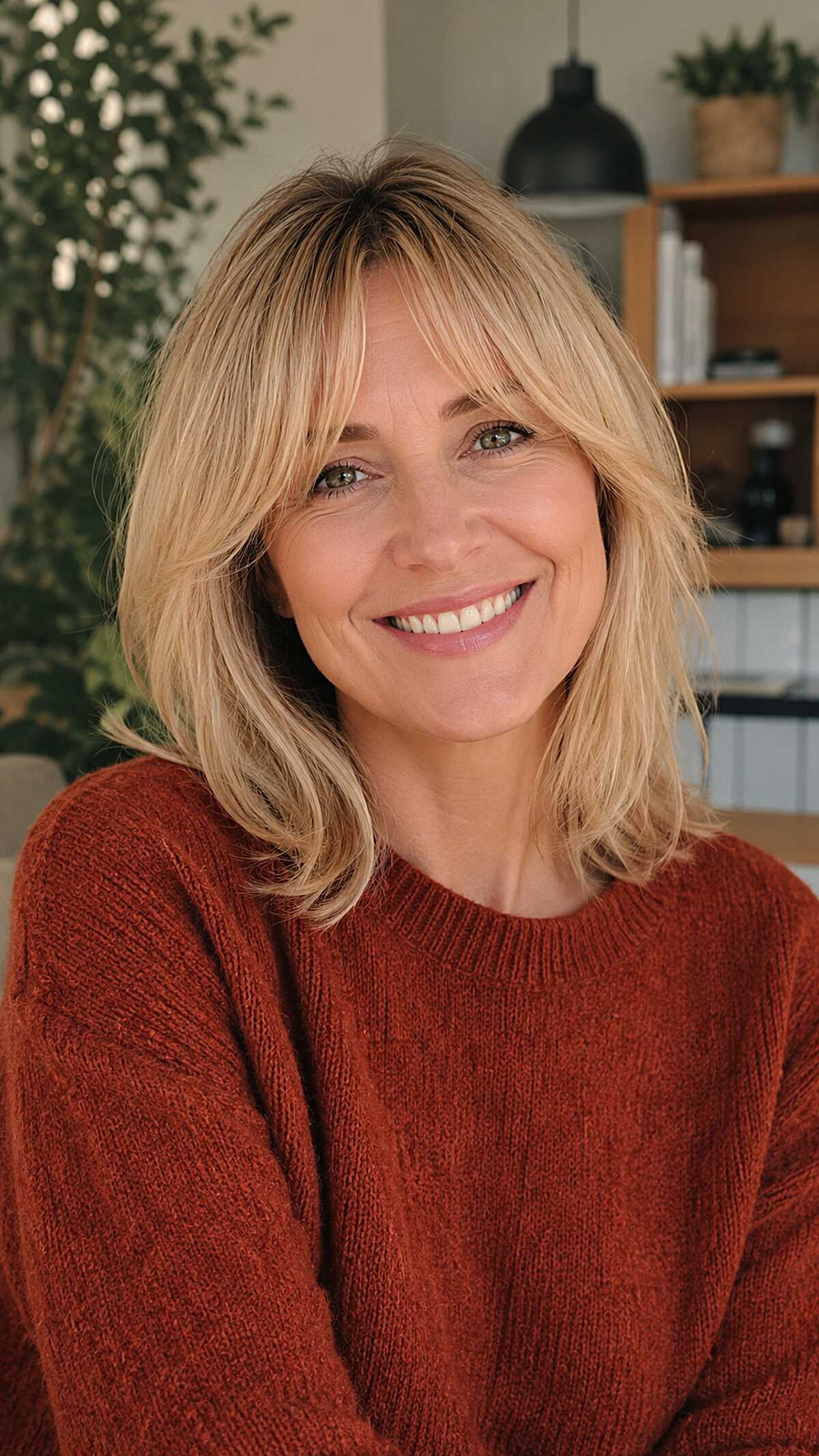 Warm blonde shoulder-length bob with feathered bangs