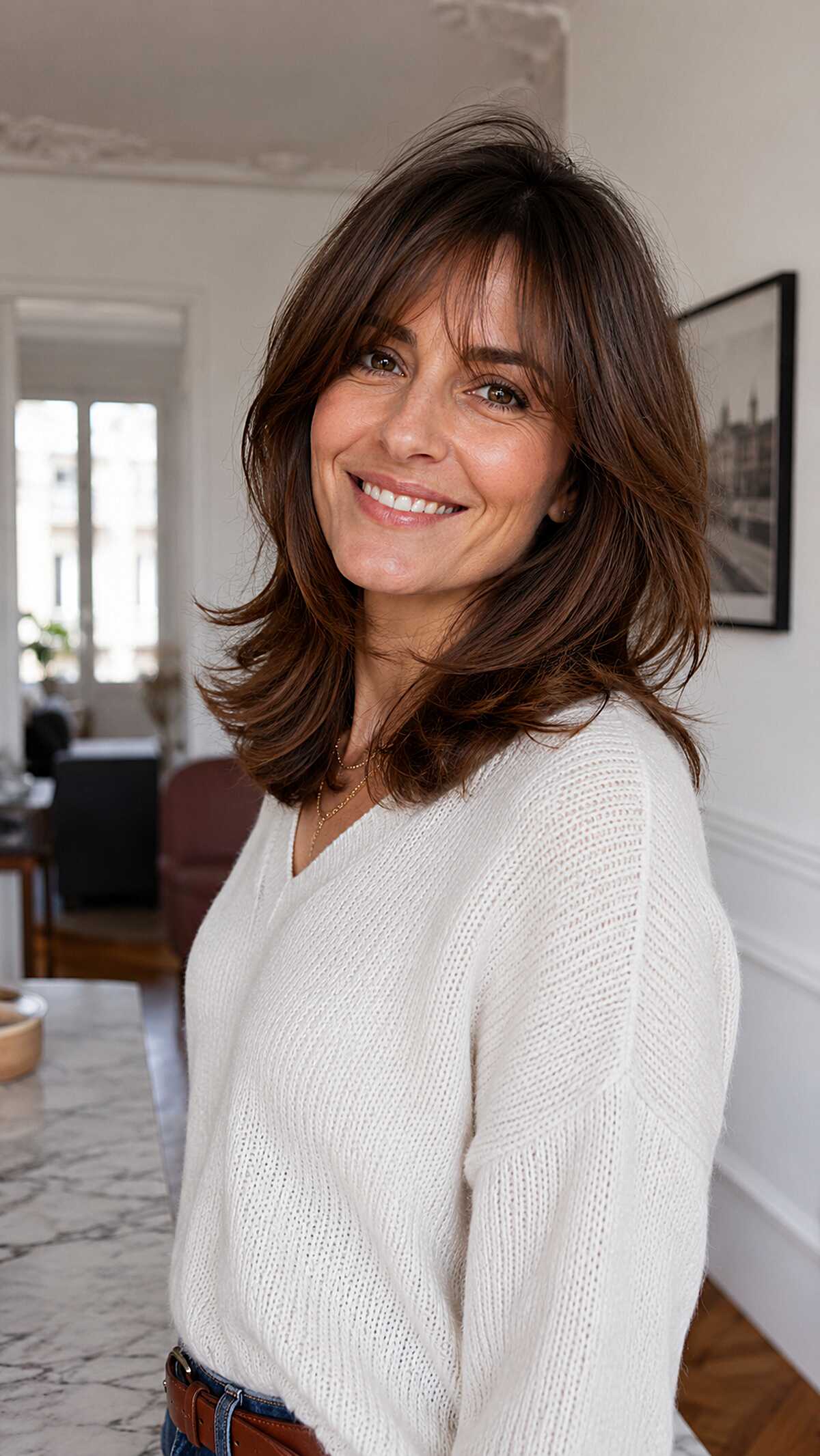 Warm brunette shoulder-length hair with wispy curtain bangs