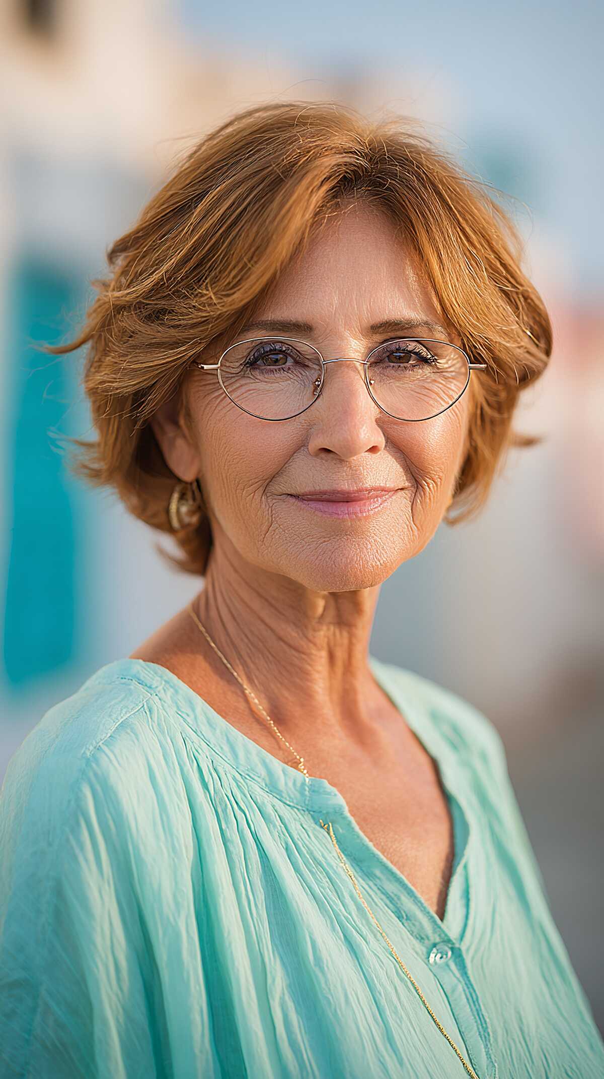 Wavy Copper Bob with Side Part and Wire Glasses